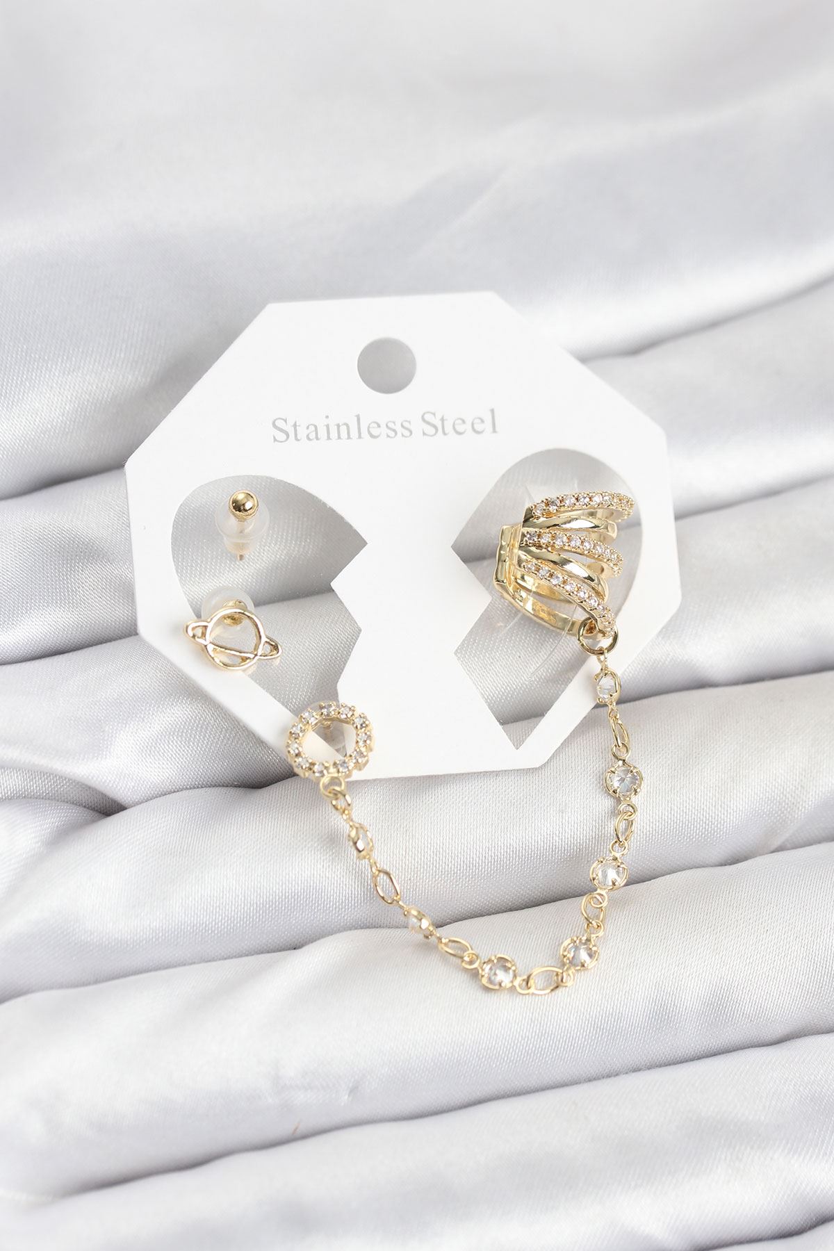 YRTCL Uzay Model Pirinç Gold Renk Zincir Bağlantılı Ear Cuff Küpe Seti