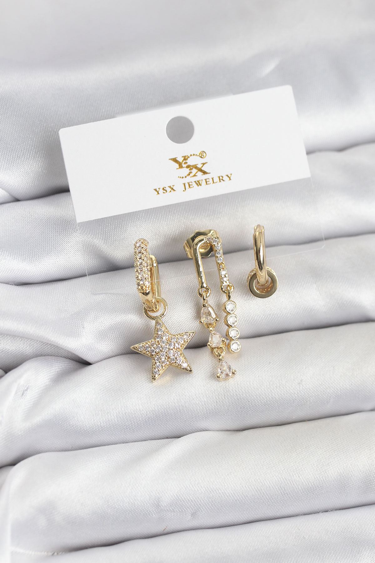 YRTCL Pirinç Gold Renk Zirkon Taşlı Yıldız Vintage Model YSX Trio Küpe Seti