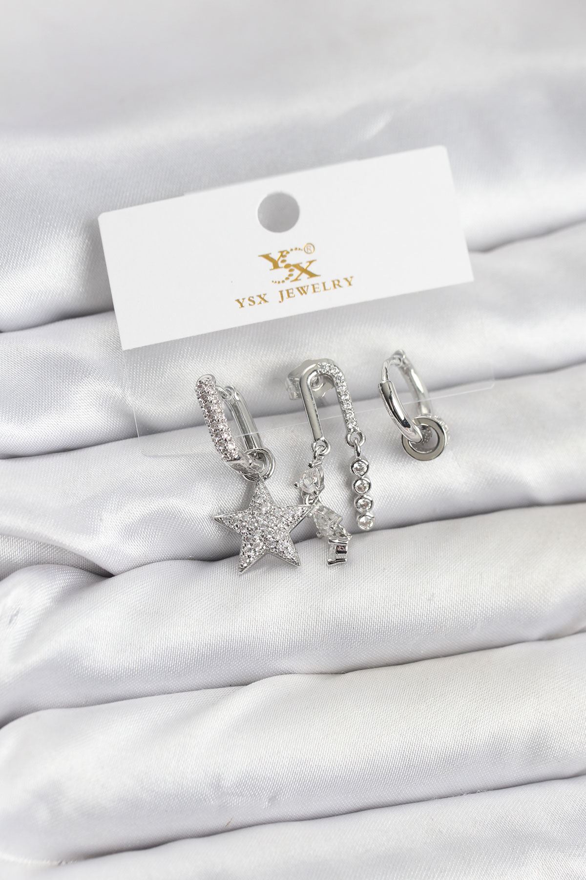 YRTCL Pirinç Gümüş Renk Zirkon Taşlı Yıldız Vintage Model YSX Trio Küpe Seti