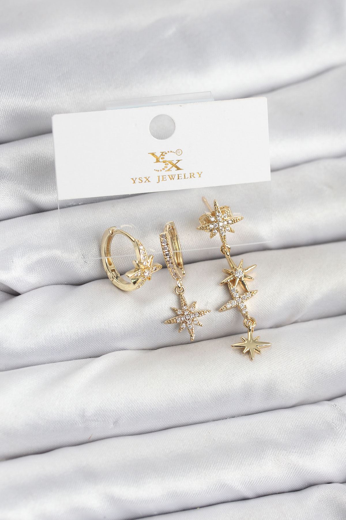 YRTCL Pirinç Gold Renk Zirkon Taşlı Kutup Yıldızı Model YSX Trio Küpe Seti