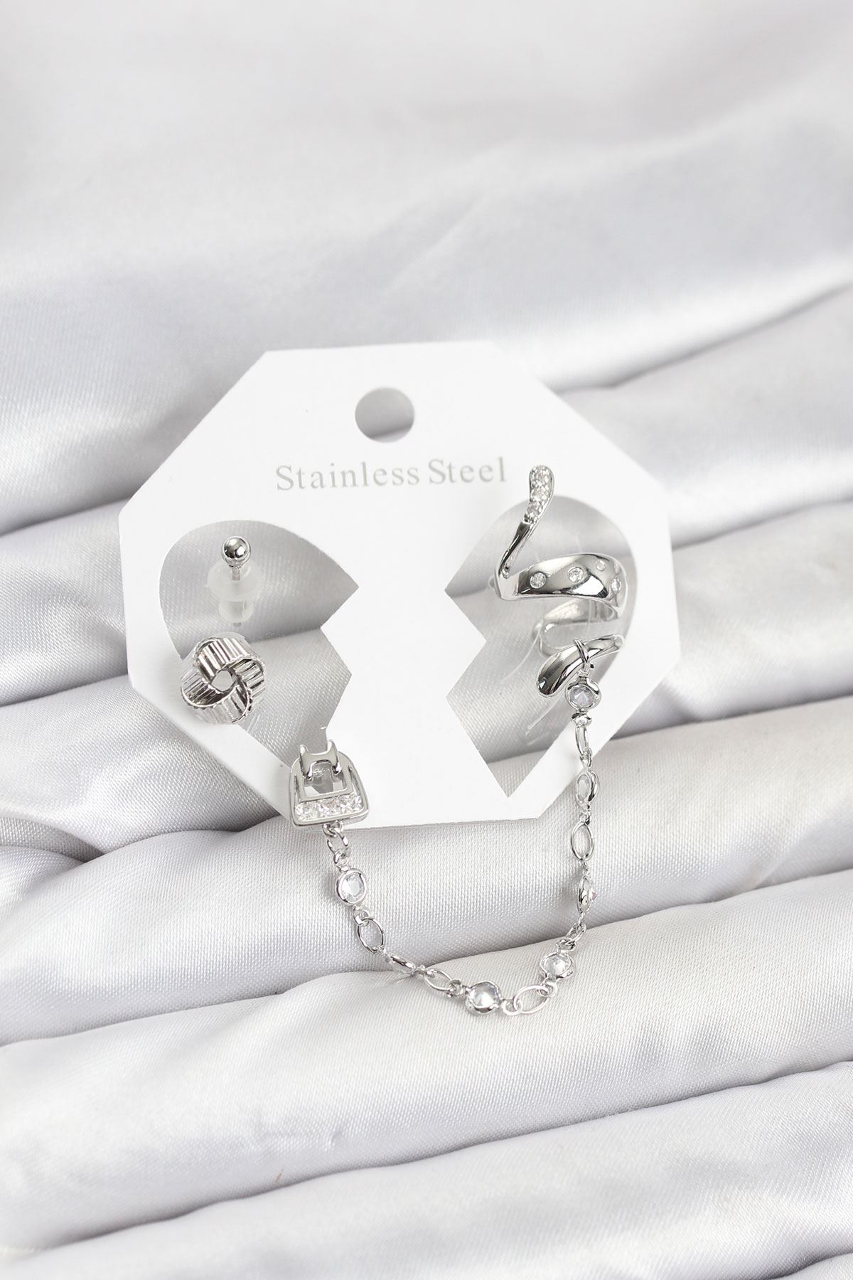 YRTCL Pirinç Gümüş Renk Yılan Model Zincir Bağlantılı Ear Cuff Küpe Seti