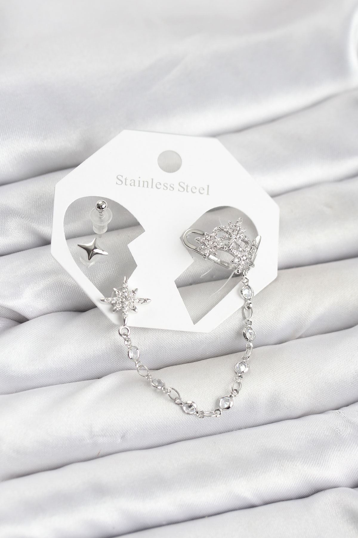 YRTCL Kutup Yıldızı Model Pirinç Gümüş Renk Zincir Bağlantılı Ear Cuff Küpe Seti