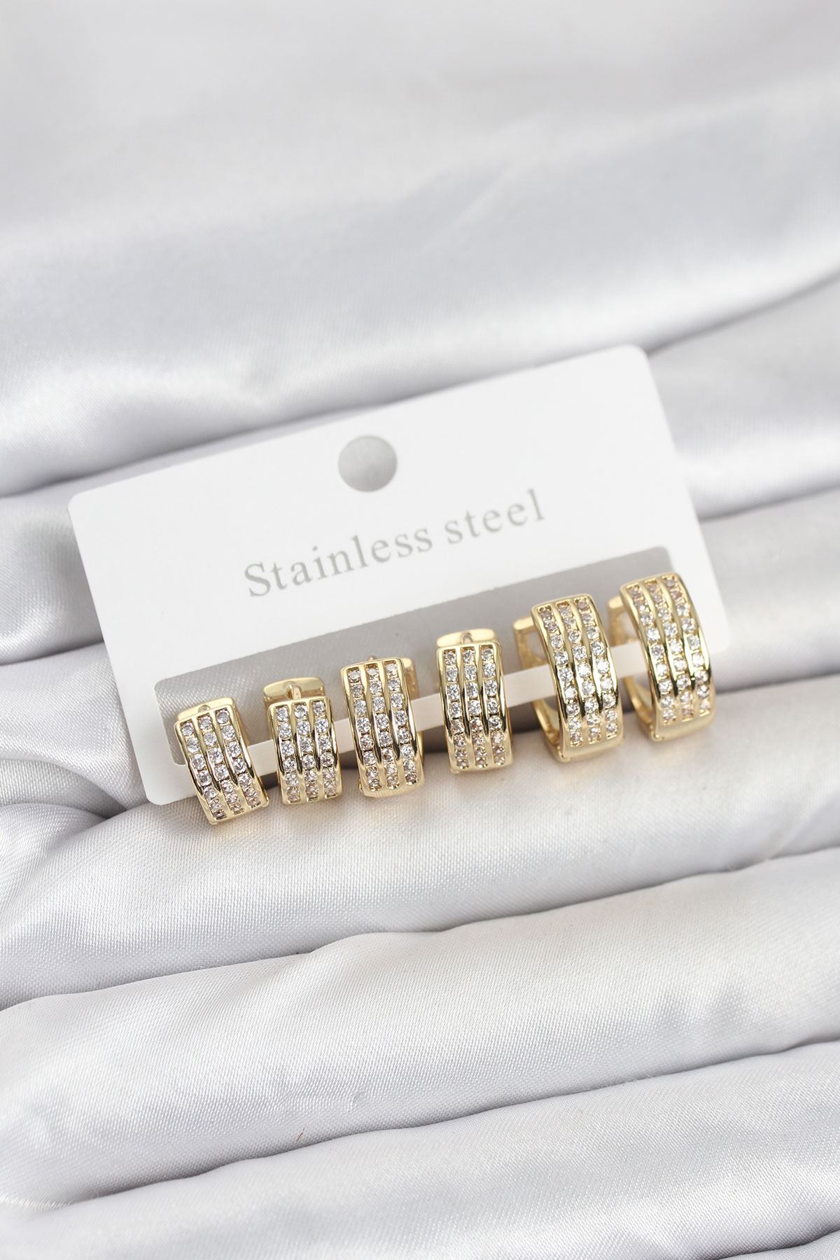 YRTCL 316L Çelik Zirkon Taşlı Gold Halka Küpe Seti