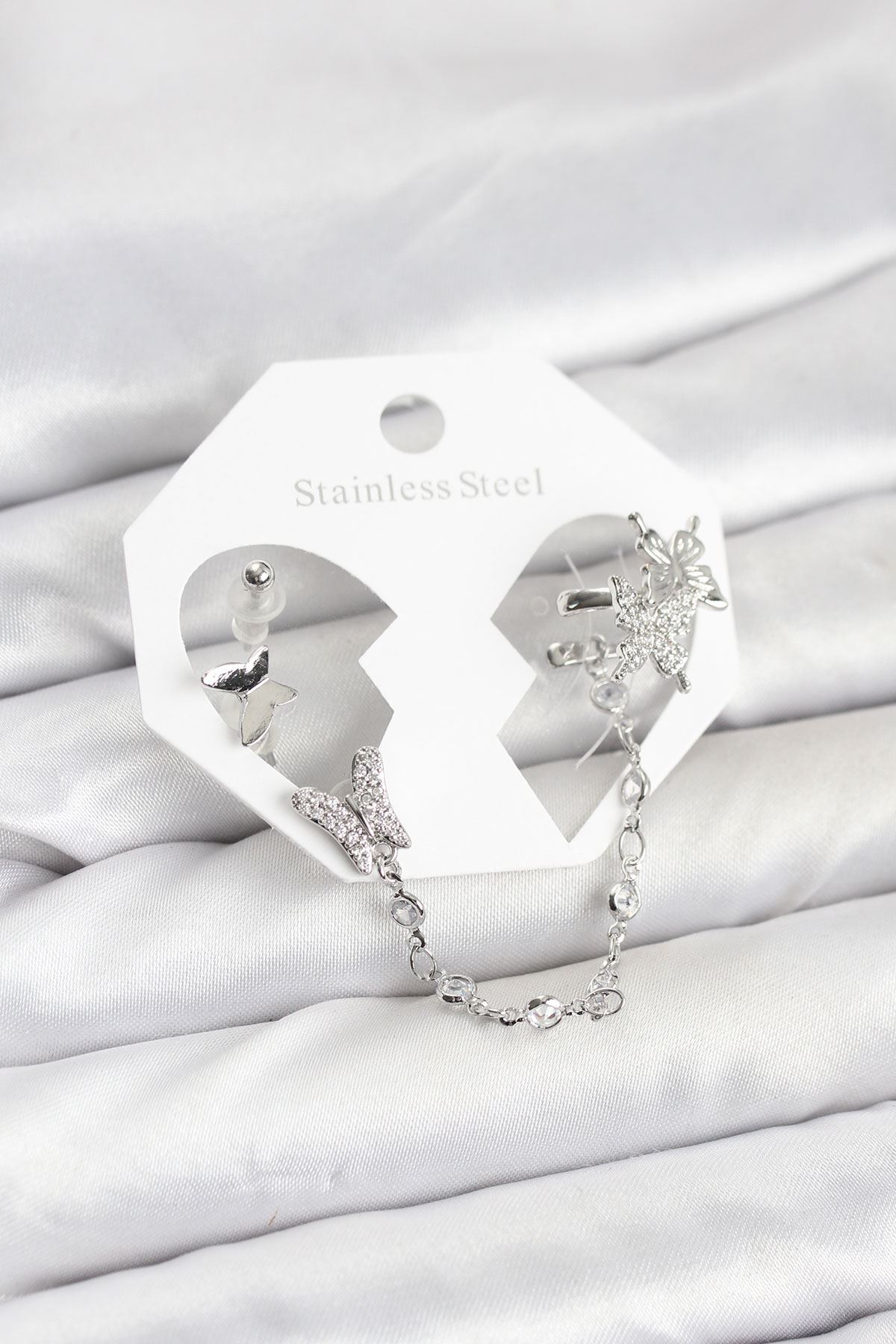 YRTCL Pirinç Gümüş Renk Kelebek Model Zincir Bağlantılı Ear Cuff Küpe Seti