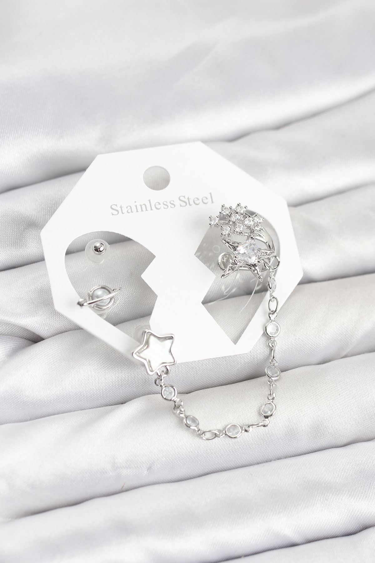 YRTCL Pirinç Gümüş Renk Yıldız Model Zincir Bağlantılı Ear Cuff Küpe Seti