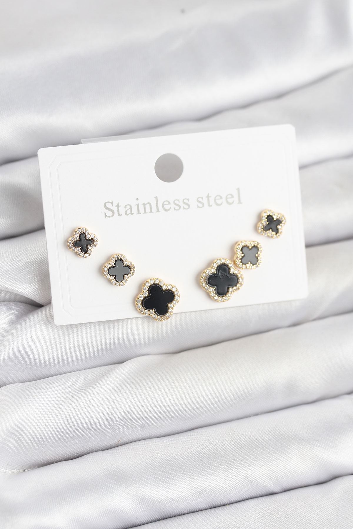 YRTCL 316L Çelik Zirkon Taşlı Yonca Model Kadın Küpe Seti