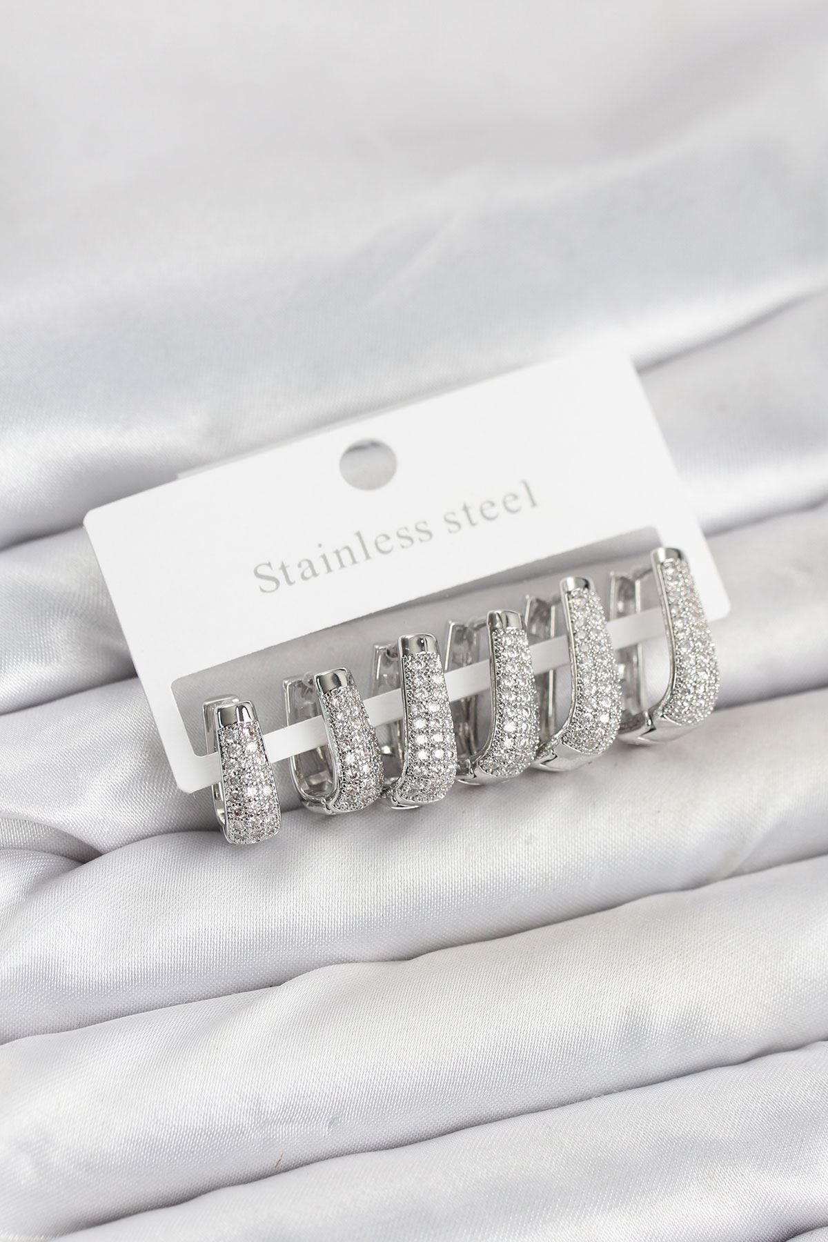 YRTCL 316L Çelik Gümüş Renk Zirkon Taşlı Damla Halka Küpe Seti