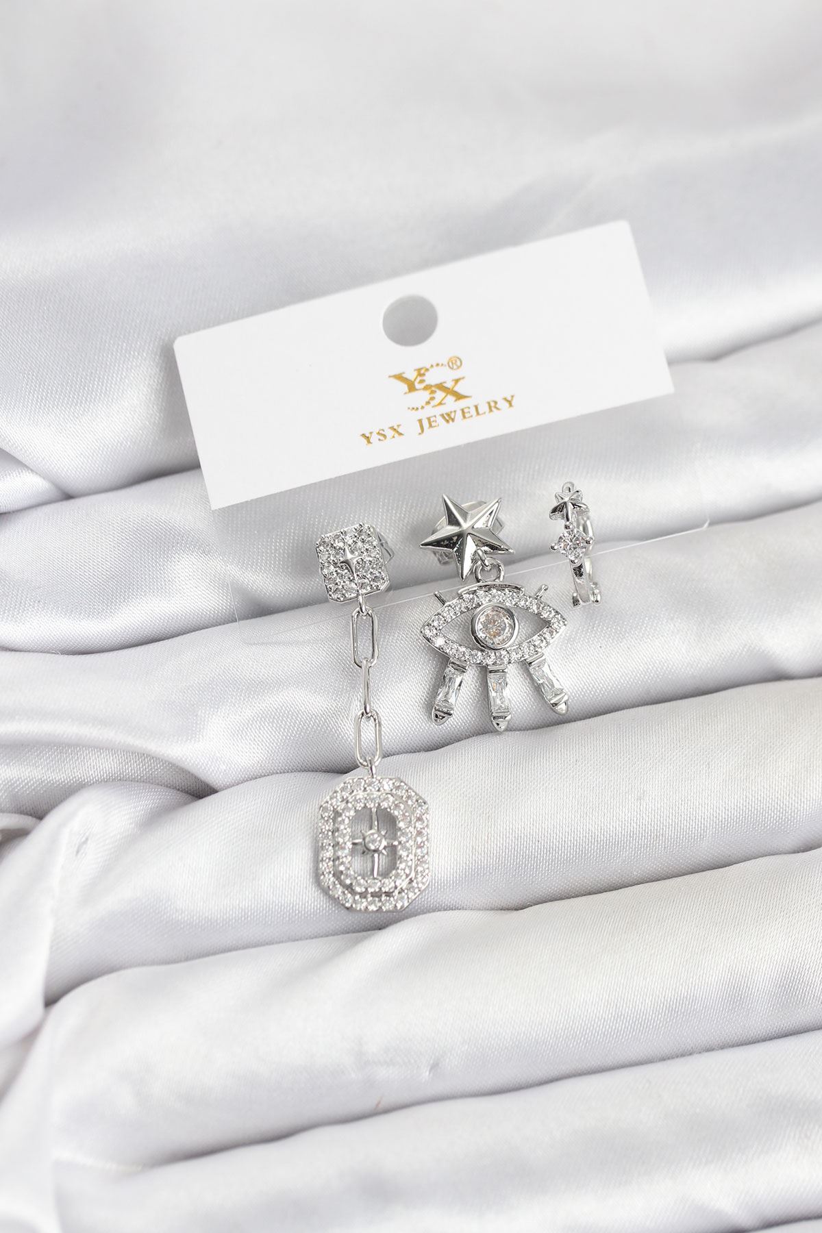 YRTCL Pirinç Gümüş Renk Göz ve Kutup Yıldızı Model YSX Trio Küpe Seti