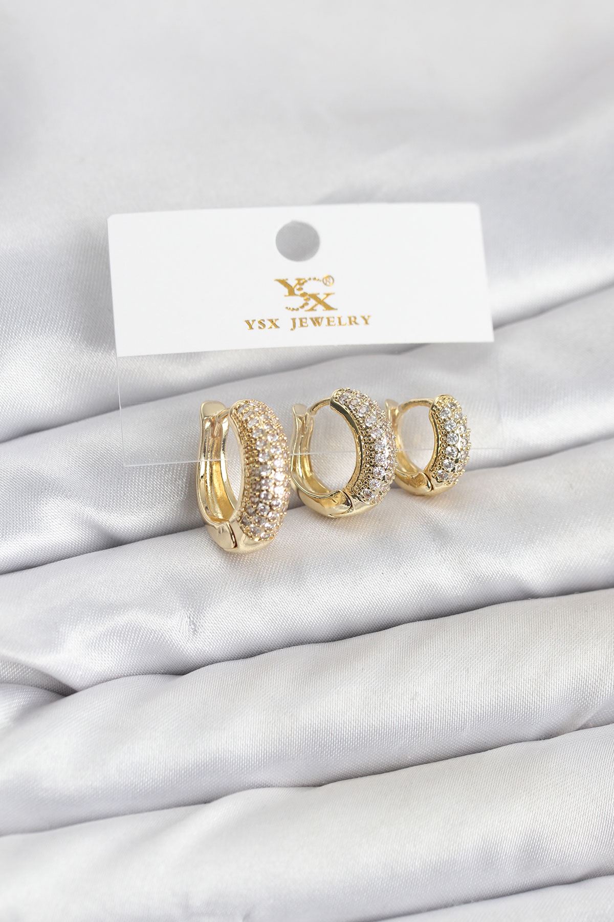 YRTCL Pirinç Gold Renk Zirkon Taşlı Halka Model YSX Trio Küpe Seti