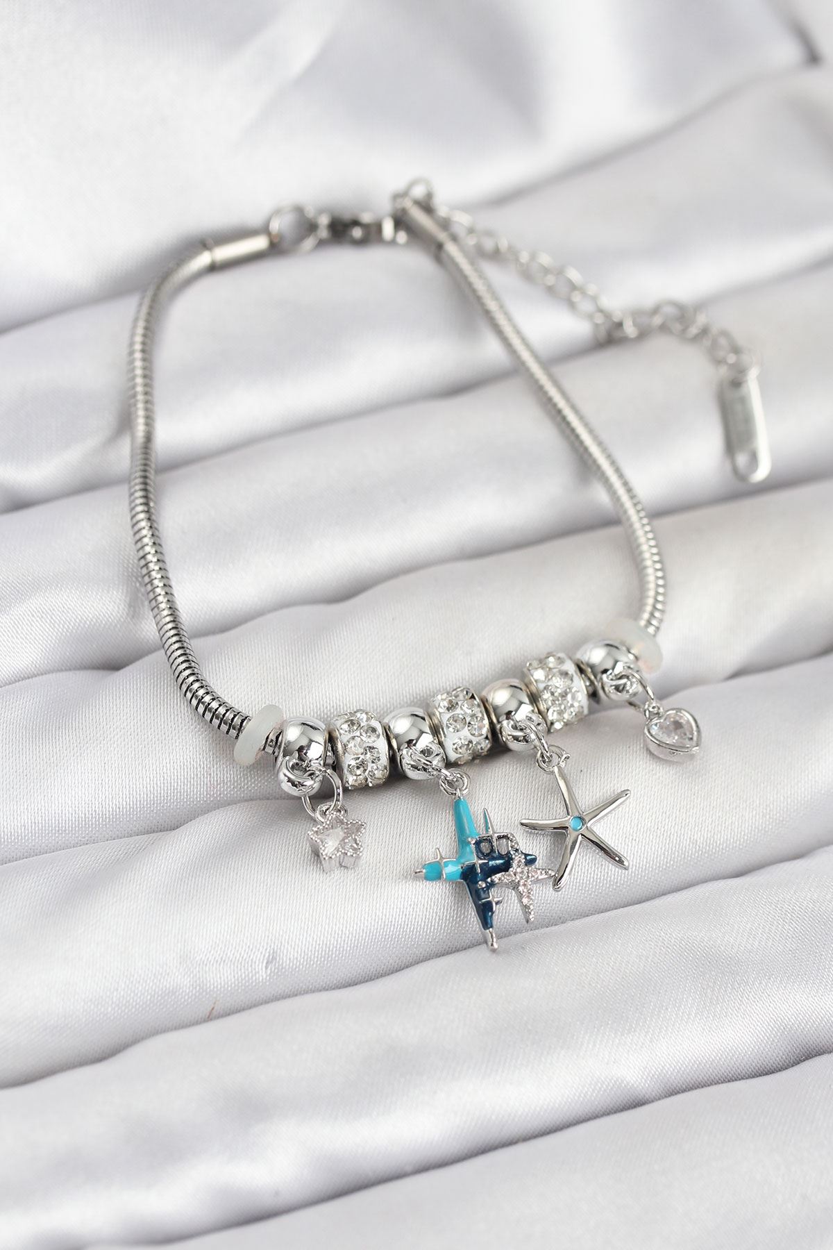 YRTCL Pirinç Gümüş Renk Yıldız Model Charmlı Kadın Bileklik