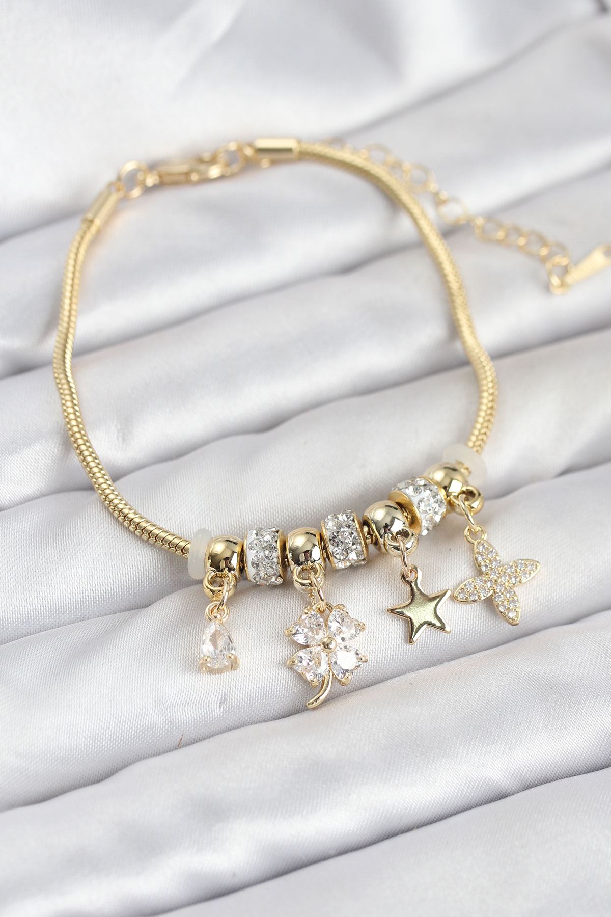 YRTCL Gold Renk Pirinç Yonca Charmlı Kadın Bileklik