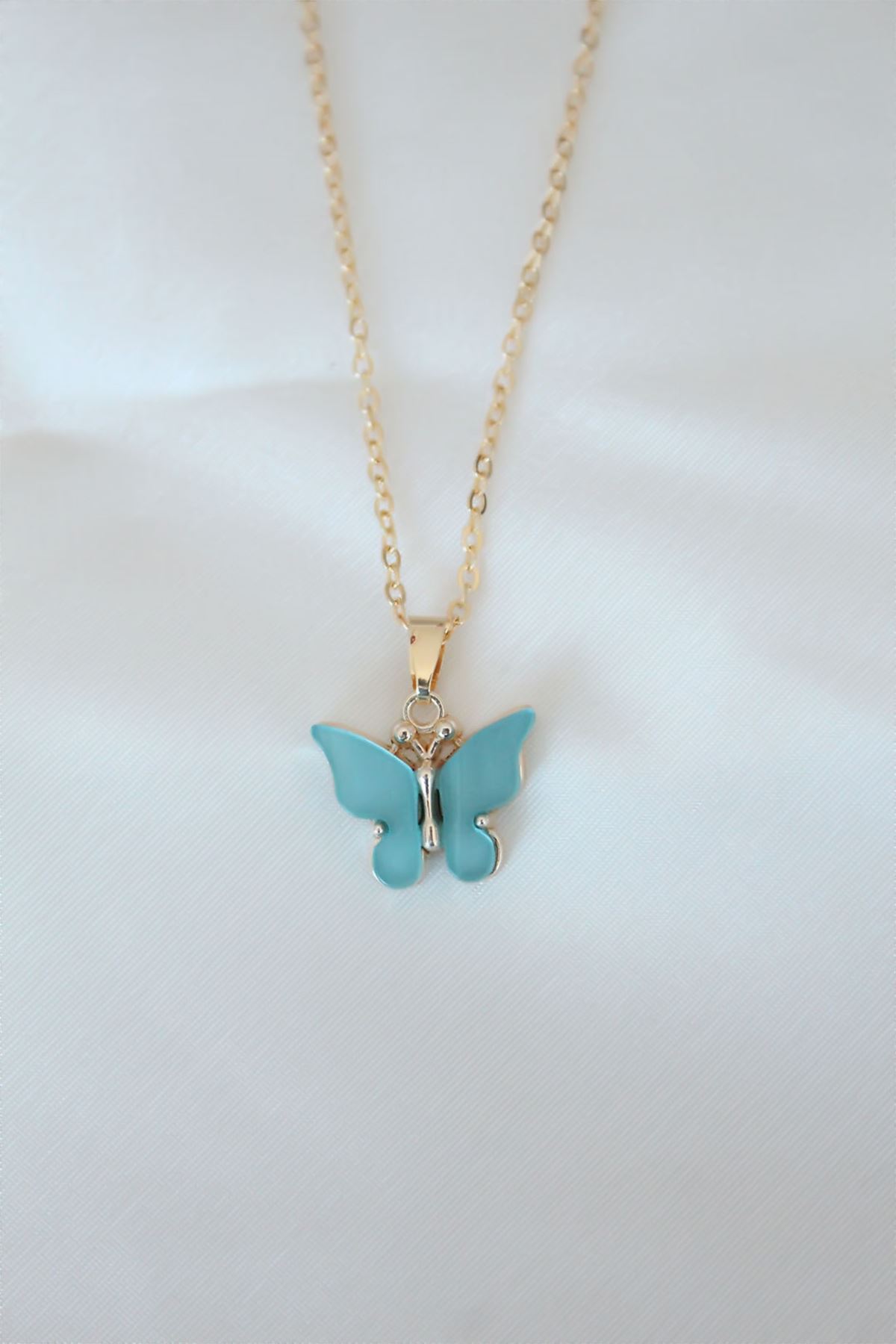 YRTCL Gold Kaplama Turkuaz Renk Sedefli Kelebek Kolye