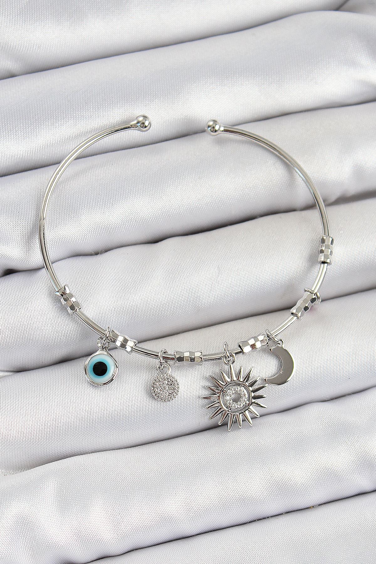 YRTCL Pirinç Zirkon Taşlı Güneş Ay Ve Nazar Model Gümüş Renk Charm Bileklik
