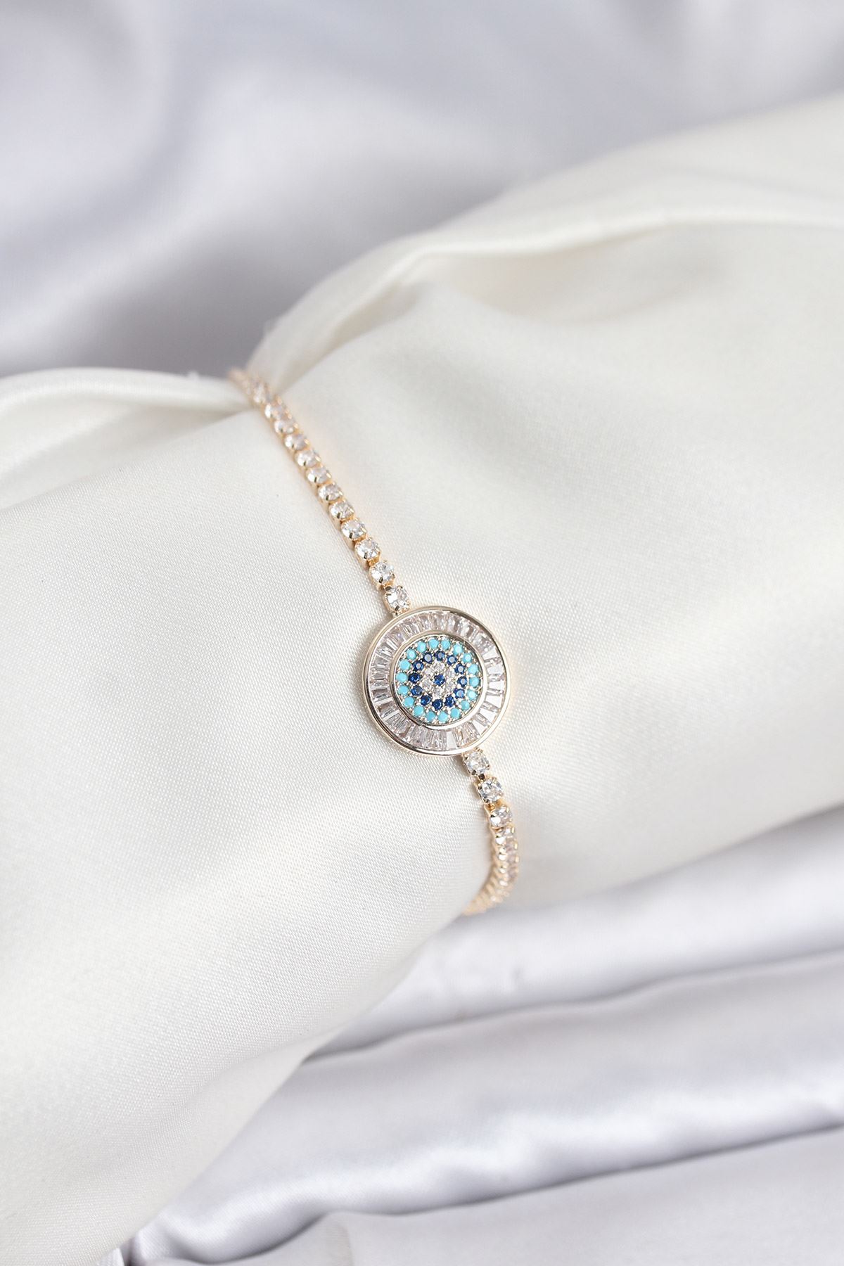 YRTCL Gold Renk Nazar Model Zirkon Taşlı Asansörlü Su Yolu Bileklik