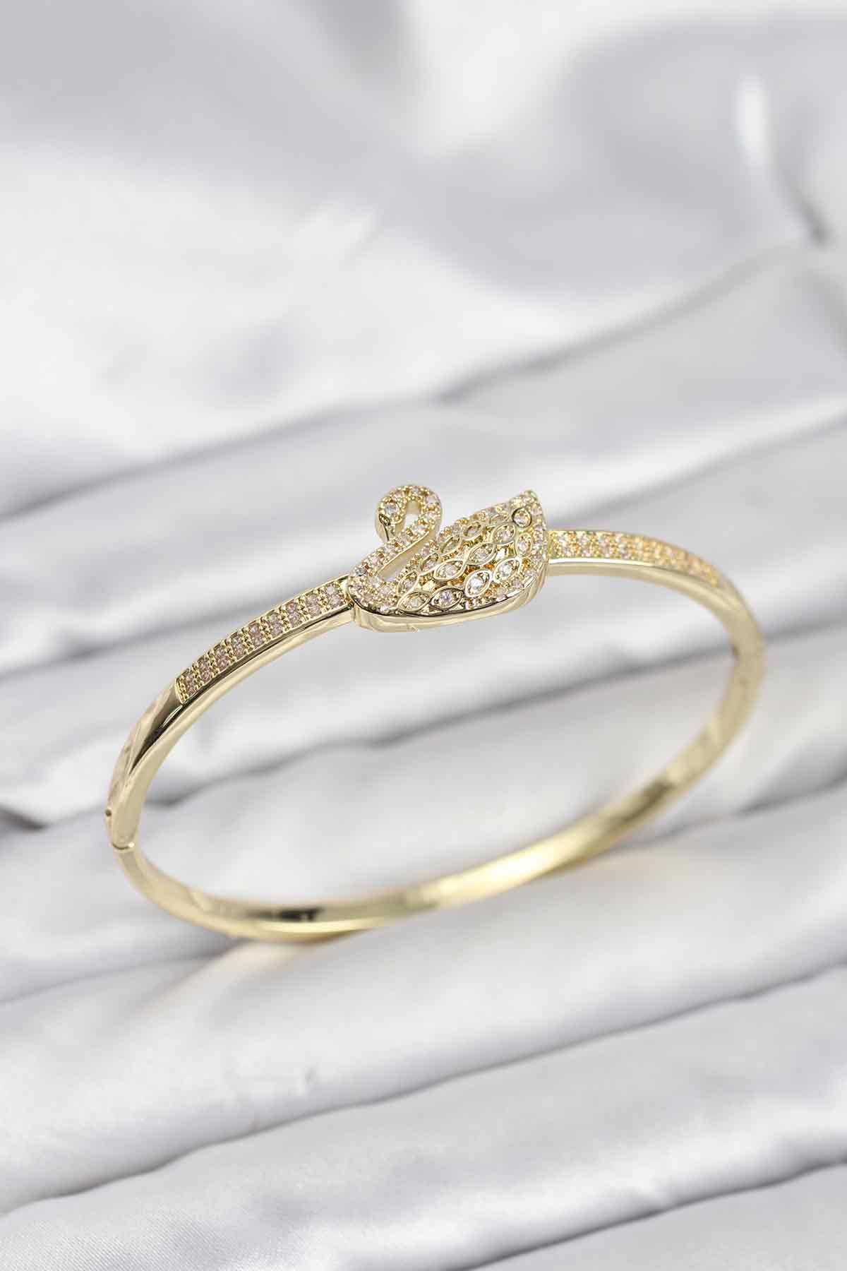 YRTCL Pirinç Gold Renk Zirkon Taşlı Kuğu Model Kadın Kelepçe Bileklik