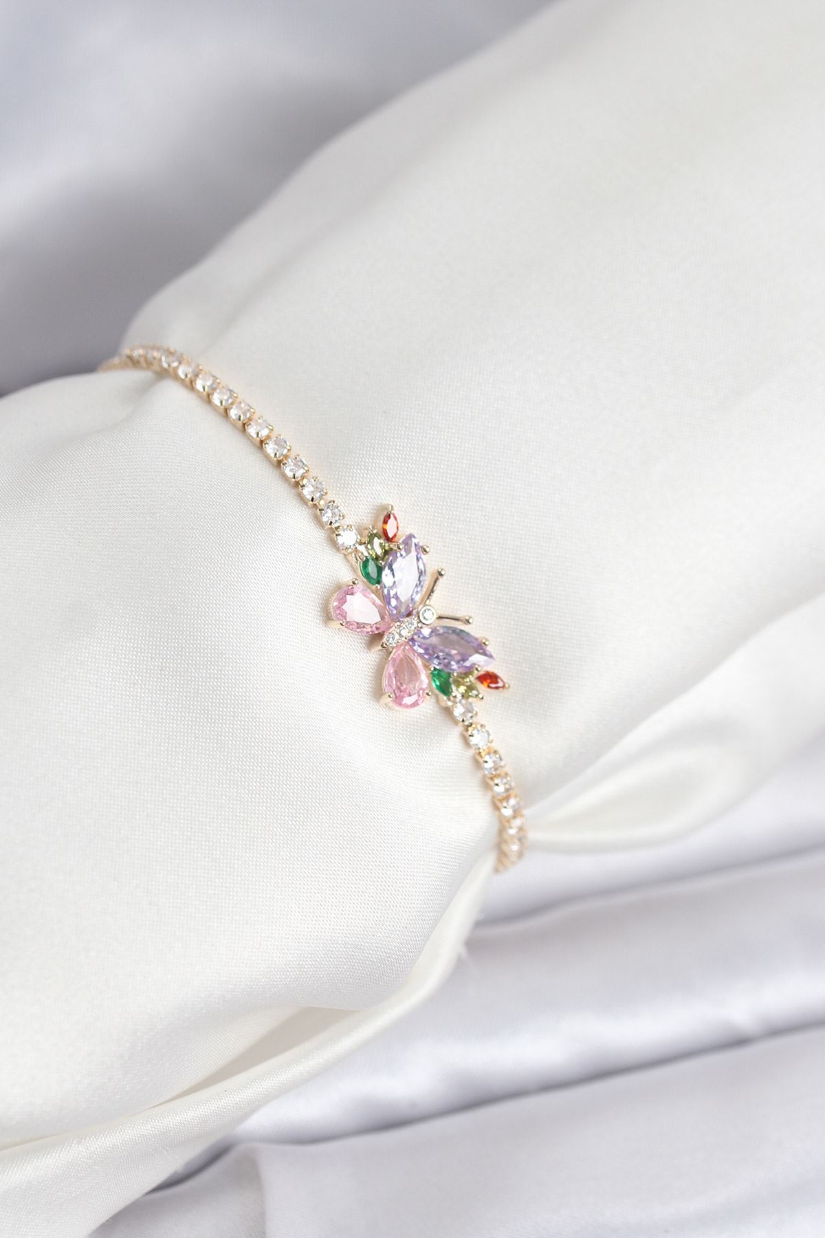 YRTCL Renkli Kelebek Model Zirkon Taşlı Asansörlü Su Yolu Kadın Bileklik