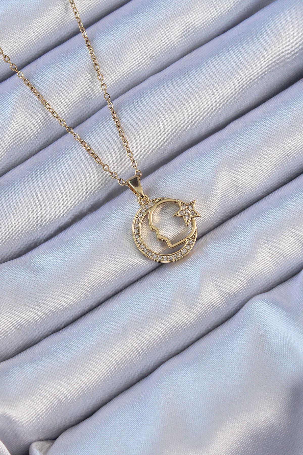 YRTCL 316L Çelik Zincir Altın Renk Zirkon Taşlı Ay Yıldız Simgeli Atatürk Kolye