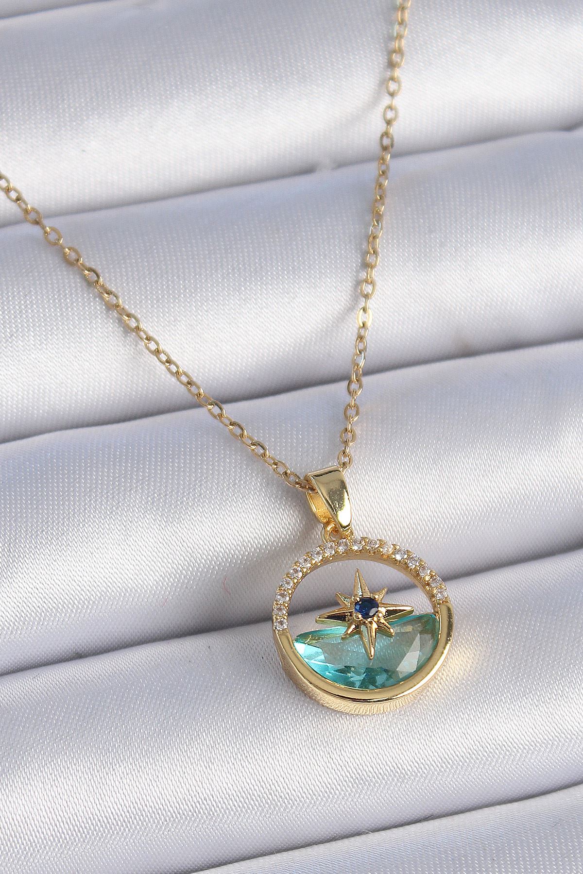YRTCL 316L Çelik Zincir Gold Renk Zirkon Taşlı Deniz Görünüm Kutup Yıldız Model Kadın Kolye