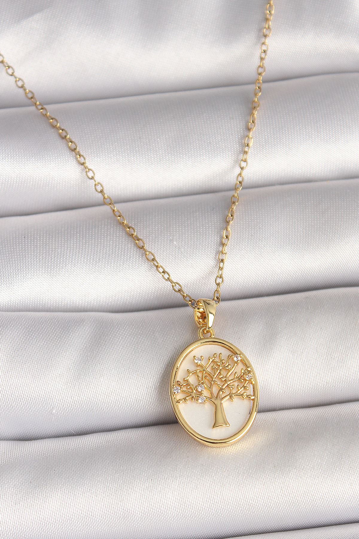 YRTCL 316L Çelik Gold Renk Zincir Zirkon Taş Detaylı Beyaz Mineli Ağaç İşlemeli Portre Model Kadın Kolye