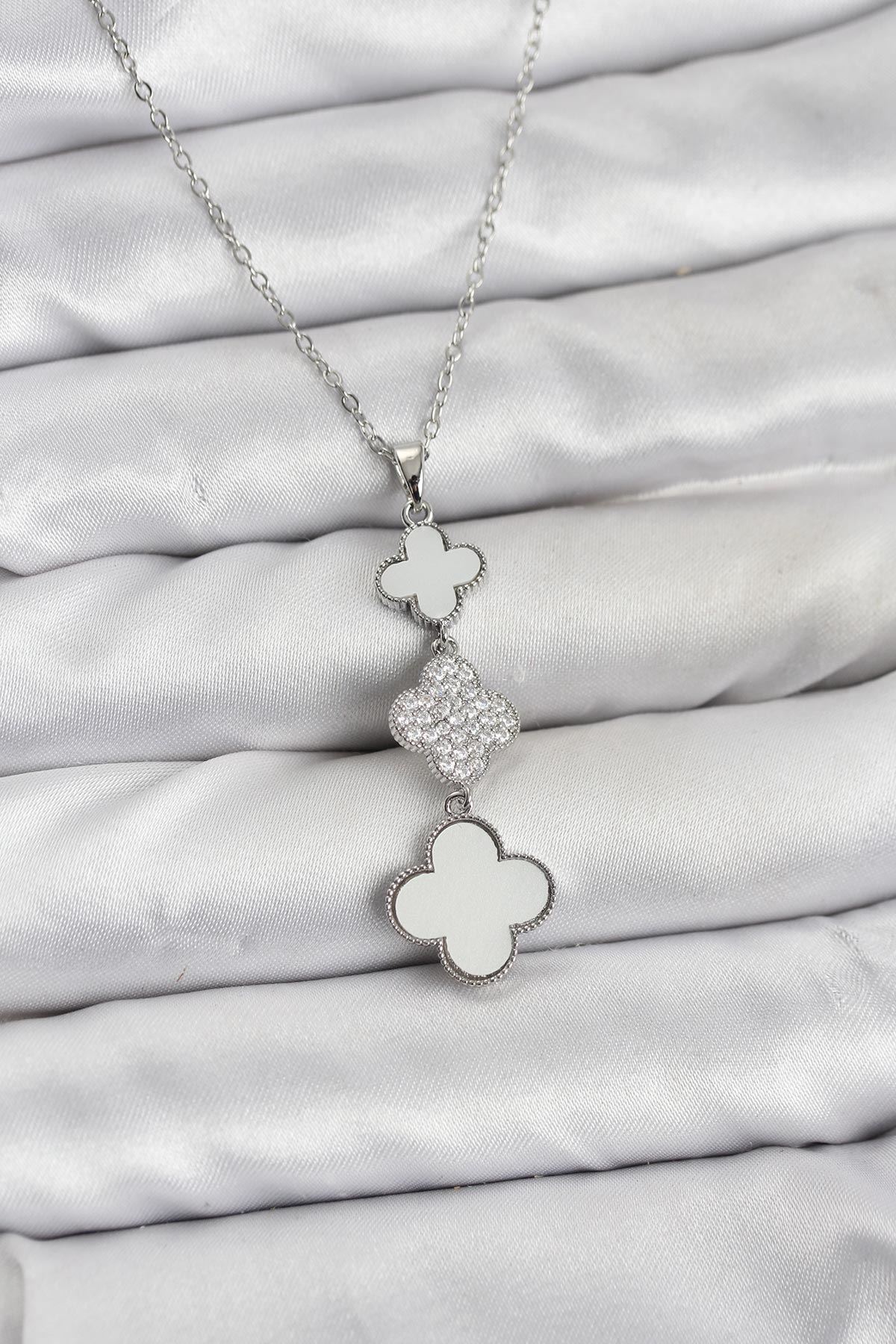 YRTCL 316L Çelik Zincir Gümüş Renk Yonca Detaylı Zirkon Taşlı Kadın Kolye