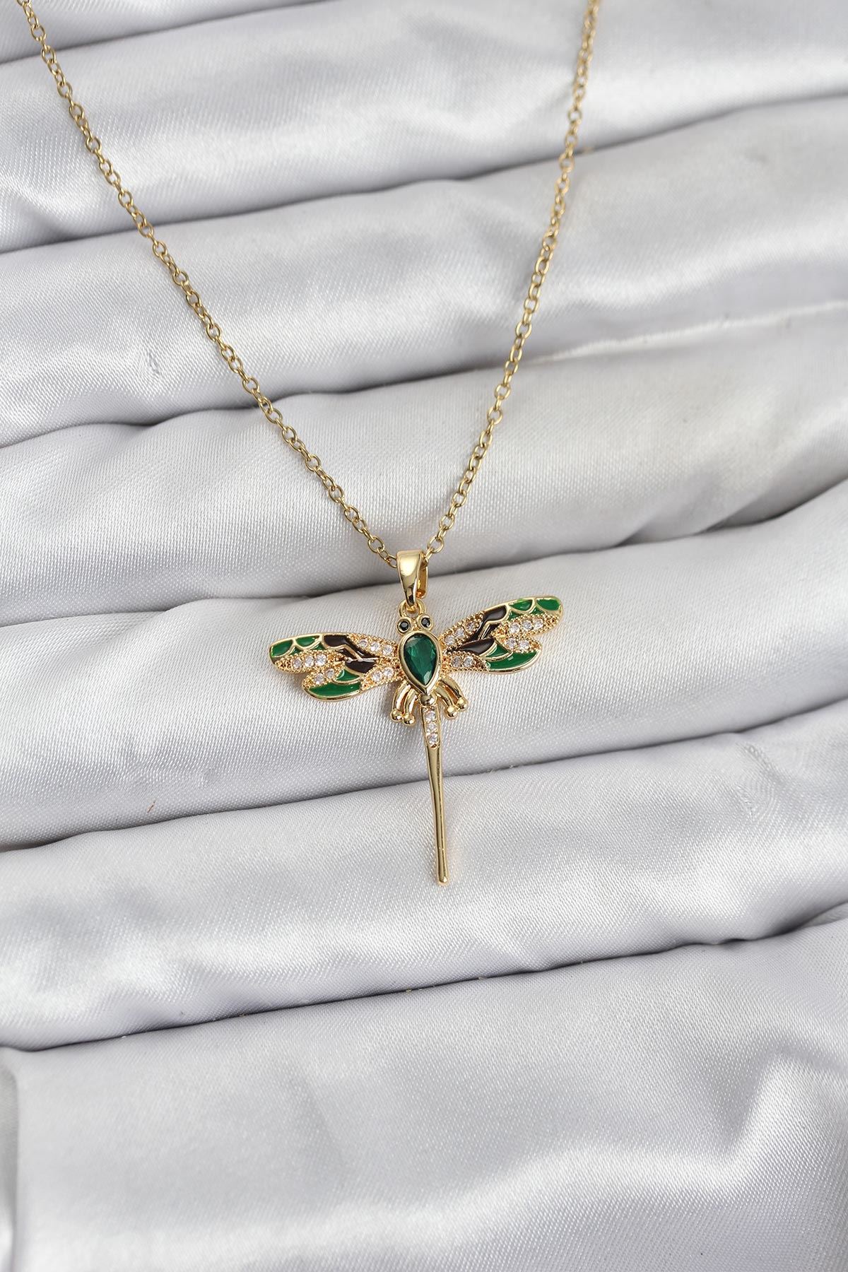 YRTCL 316L Çelik Zincir Gold Renk Yusufçuk Model Zirkon Taşlı Kadın Kolye