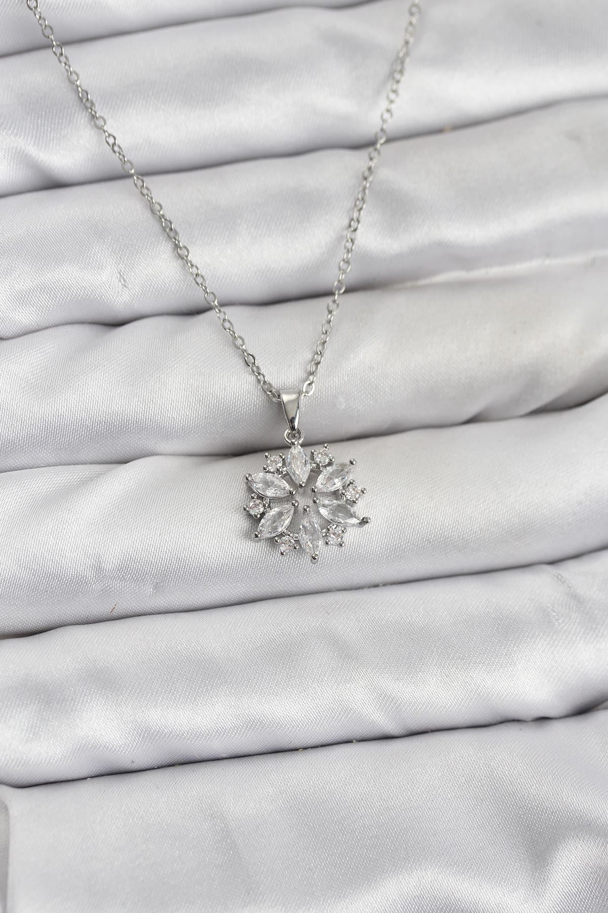 YRTCL 316L Çelik Zincir Gümüş Renk Lotus Model Zirkon Taşlı Kadın Kolye