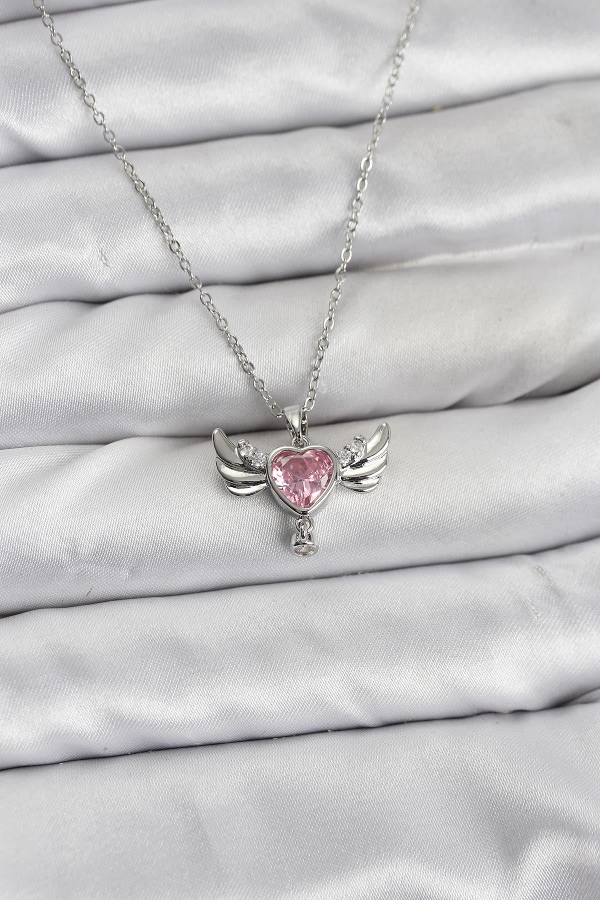 YRTCL 316L Çelik Zincir Gümüş Renk Kanatlı Kalp Model Zirkon Taşlı Kadın Kolye