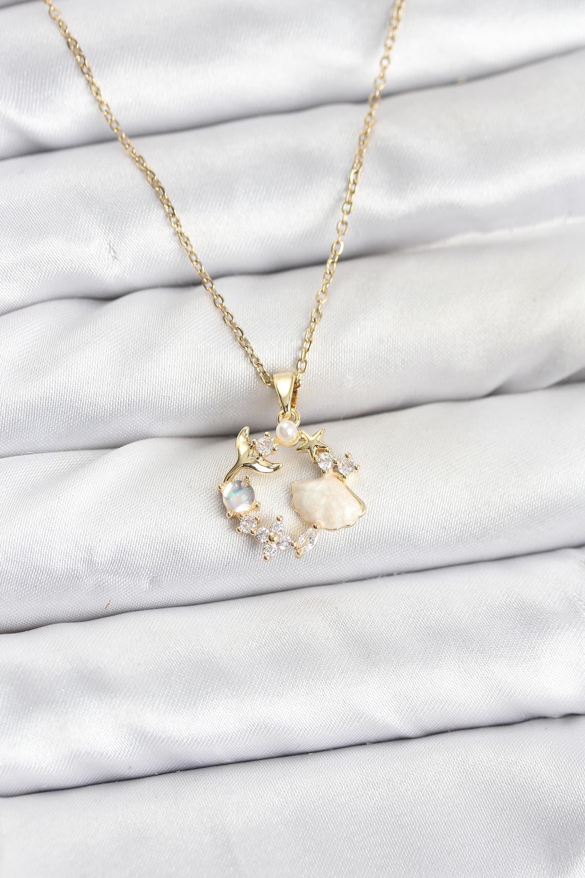 YRTCL 316L Çelik Zincir Gold Renk Deniz Tema Model Zirkon Taşlı Kadın Kolye