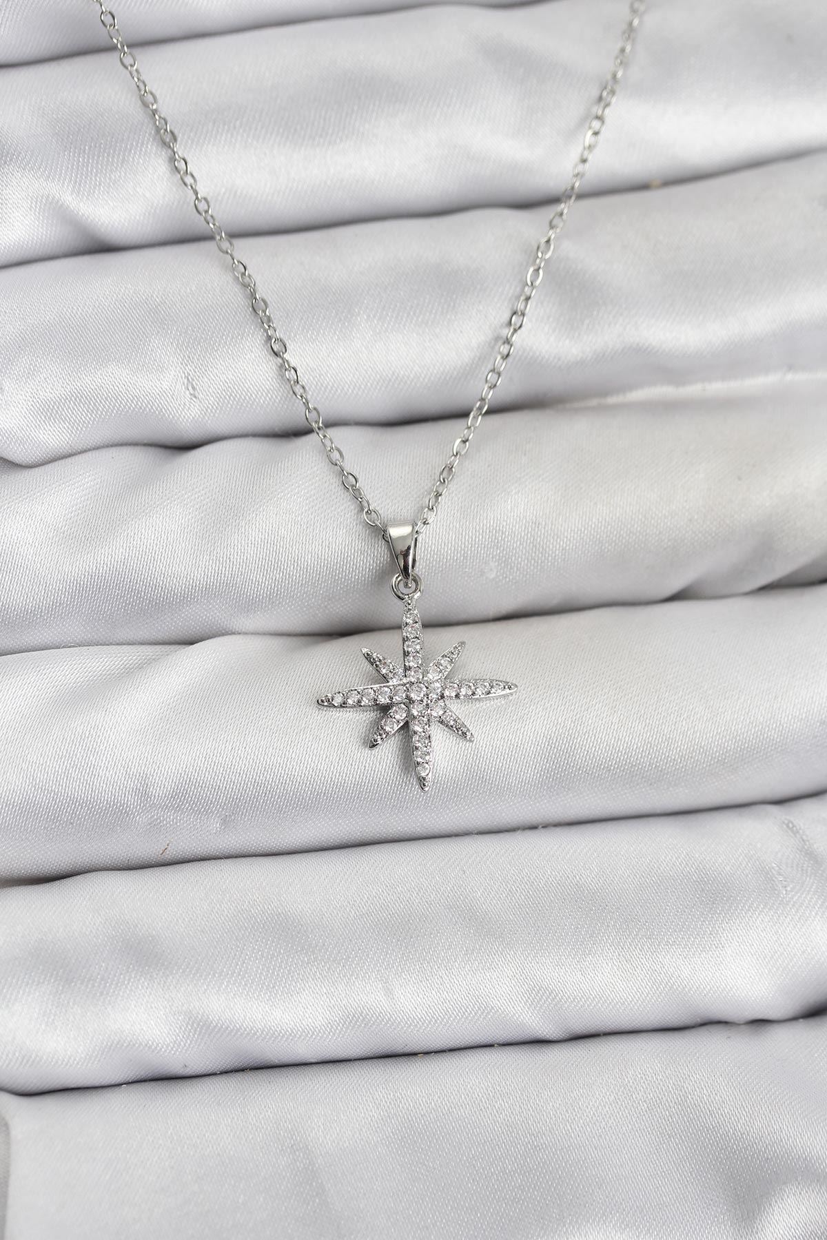 YRTCL 316L Çelik Zincir Gümüş Renk Kutup Yıldızı Model Zirkon Taşlı Kadın Kolye