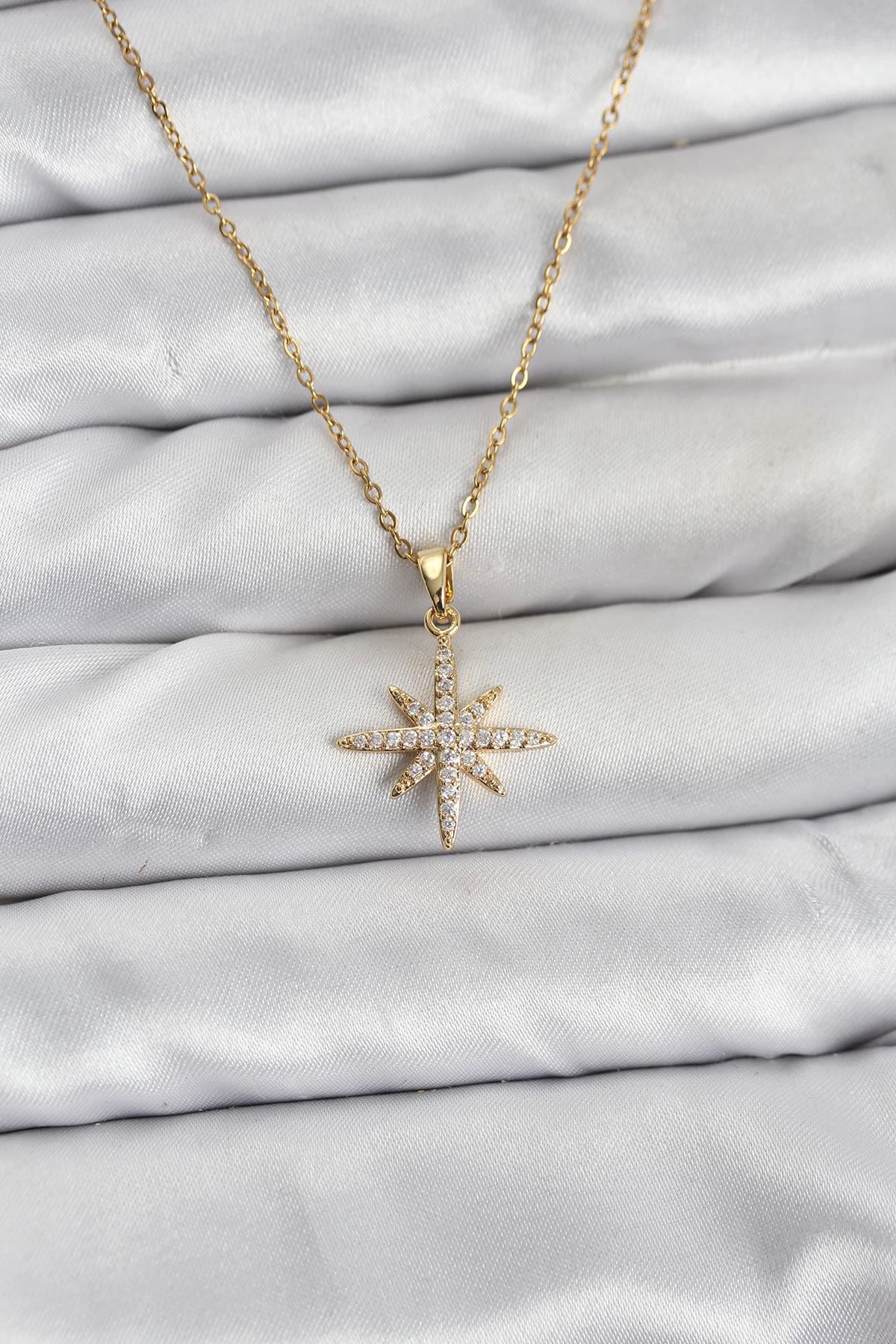 YRTCL 316L Çelik Zincir Gold Renk Kutup Yıldızı Model Zirkon Taşlı Kadın Kolye