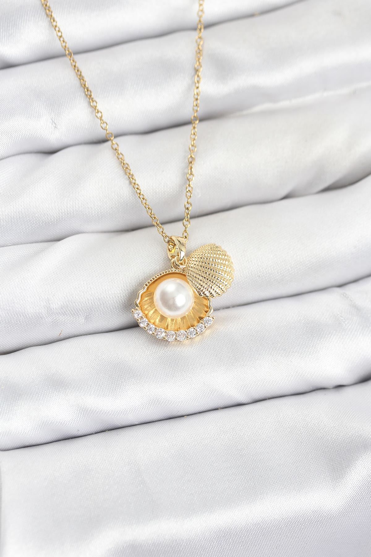 YRTCL 316L Çelik Zincir Gold Renk İncili Deniz Kabuğu Model Zirkon Taşlı Kadın Kolye