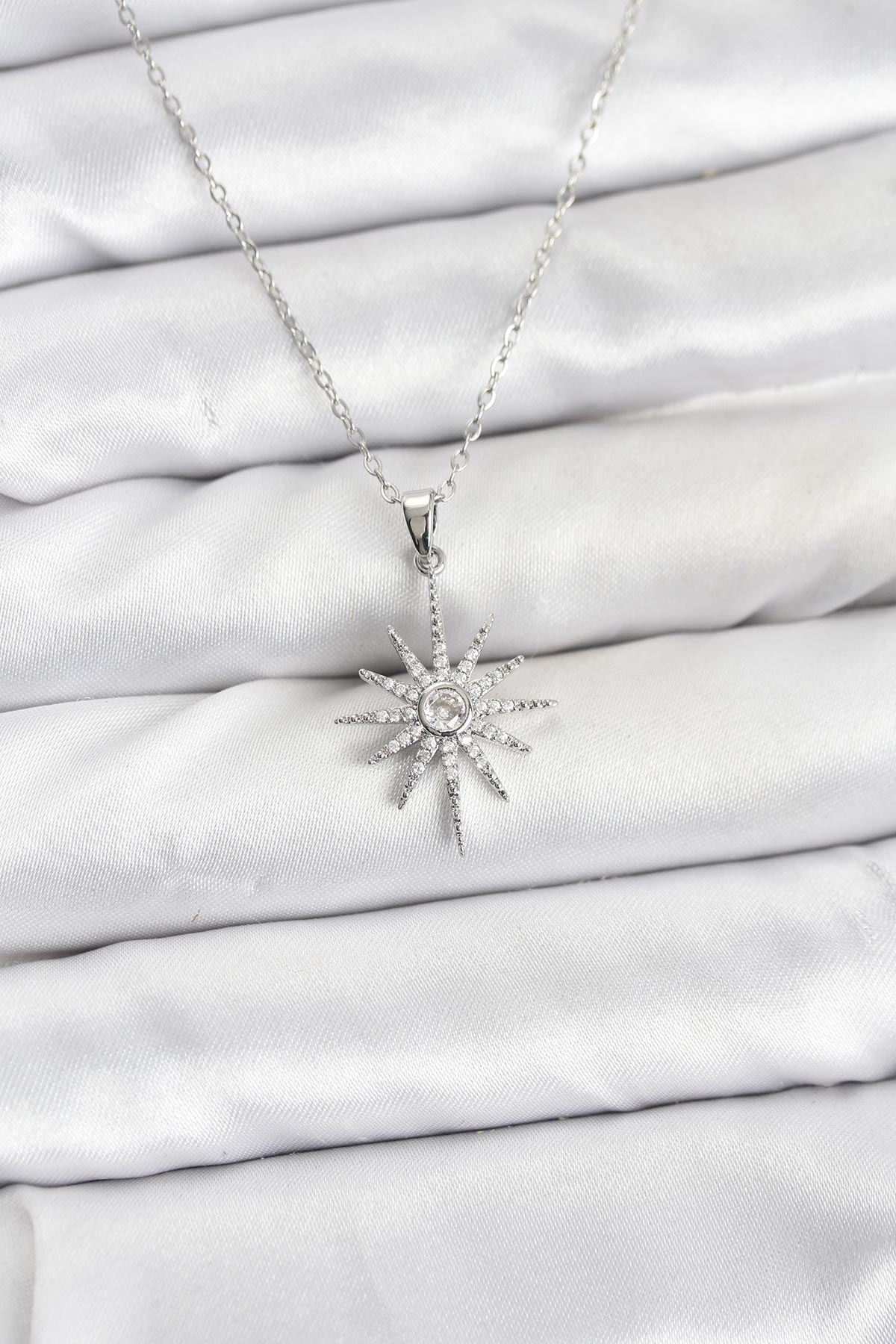 YRTCL 316L Çelik Zincir Gümüş Renk Kutup Yıldızı Model Zirkon Taşlı Kadın Kolye