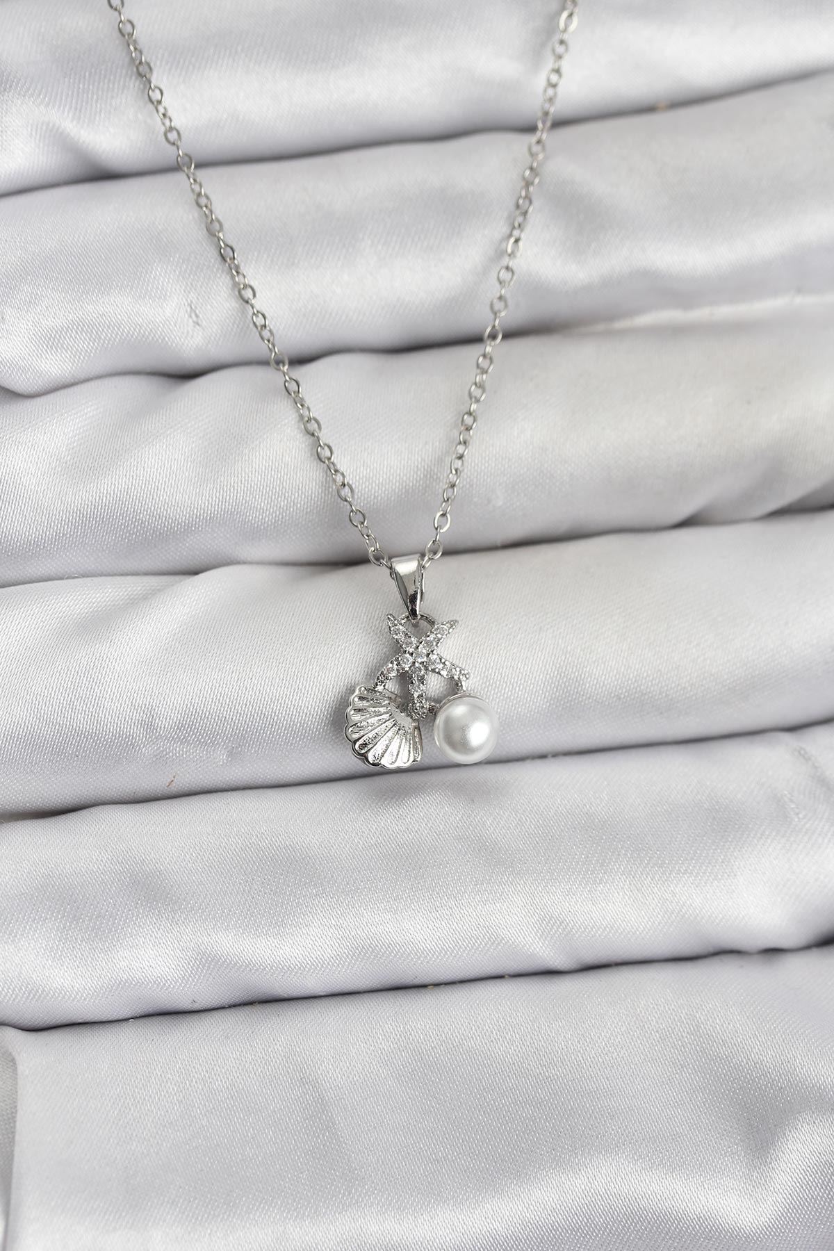 YRTCL 316L Çelik Zincir Gümüş Renk Deniz Kabuğu ve Deniz Yıldızı Model Zirkon Taşlı Kadın Kolye