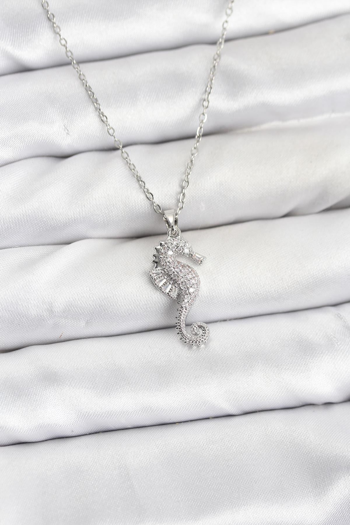 YRTCL 316L Çelik Zincir Gümüş Renk Deniz Atı Model Zirkon Taşlı Kadın Kolye