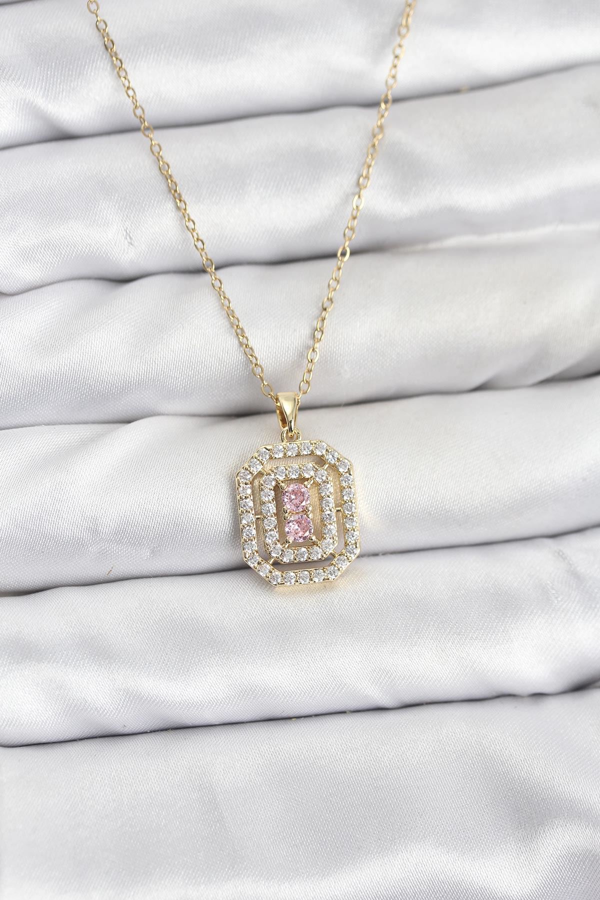 YRTCL 316L Çelik Zincir Gold Renk Plaka Model Zirkon Taşlı Kadın Kolye