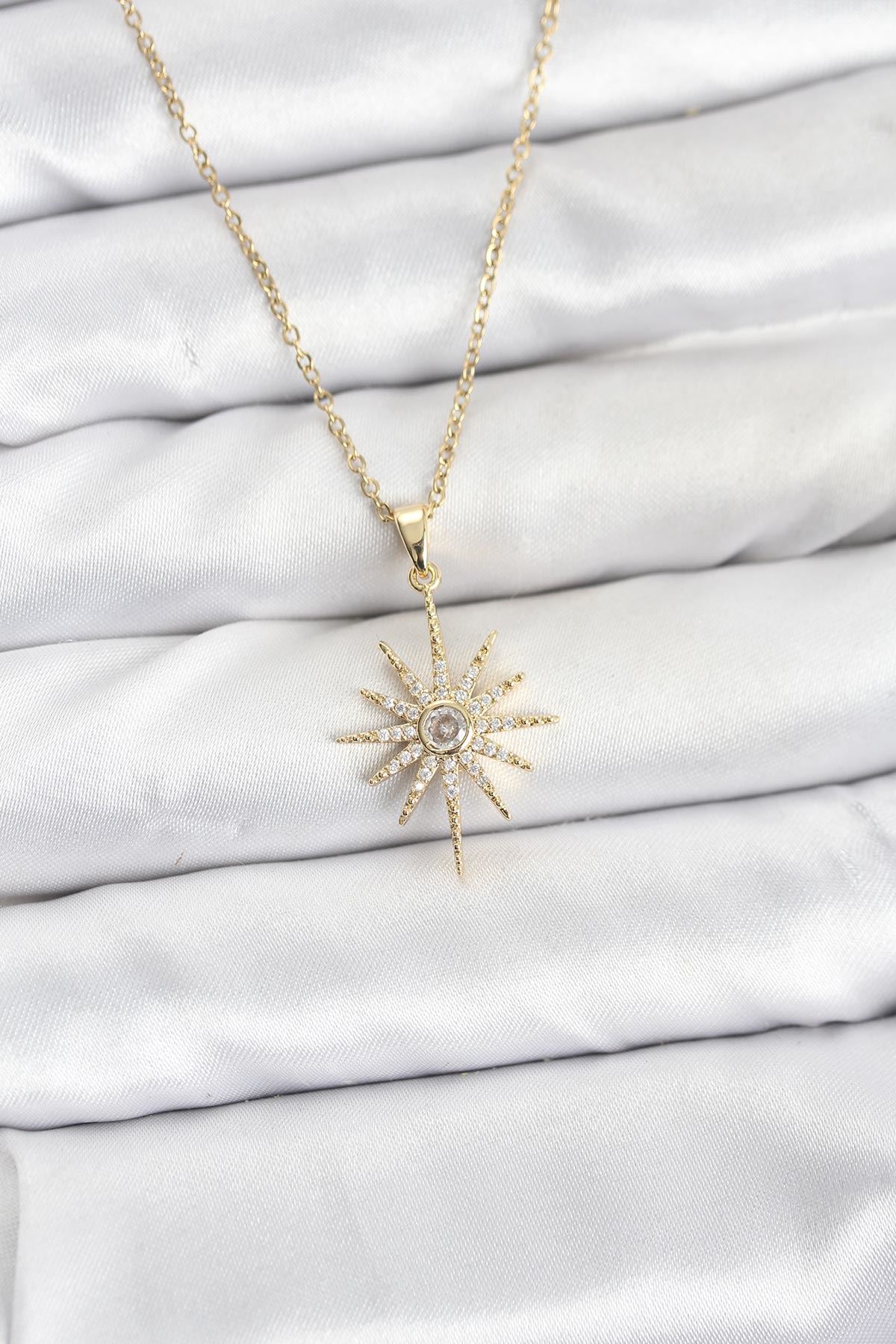 YRTCL 316L Çelik Zincir Gold Renk Kutup Yıldızı Model Zirkon Taşlı Kadın Kolye