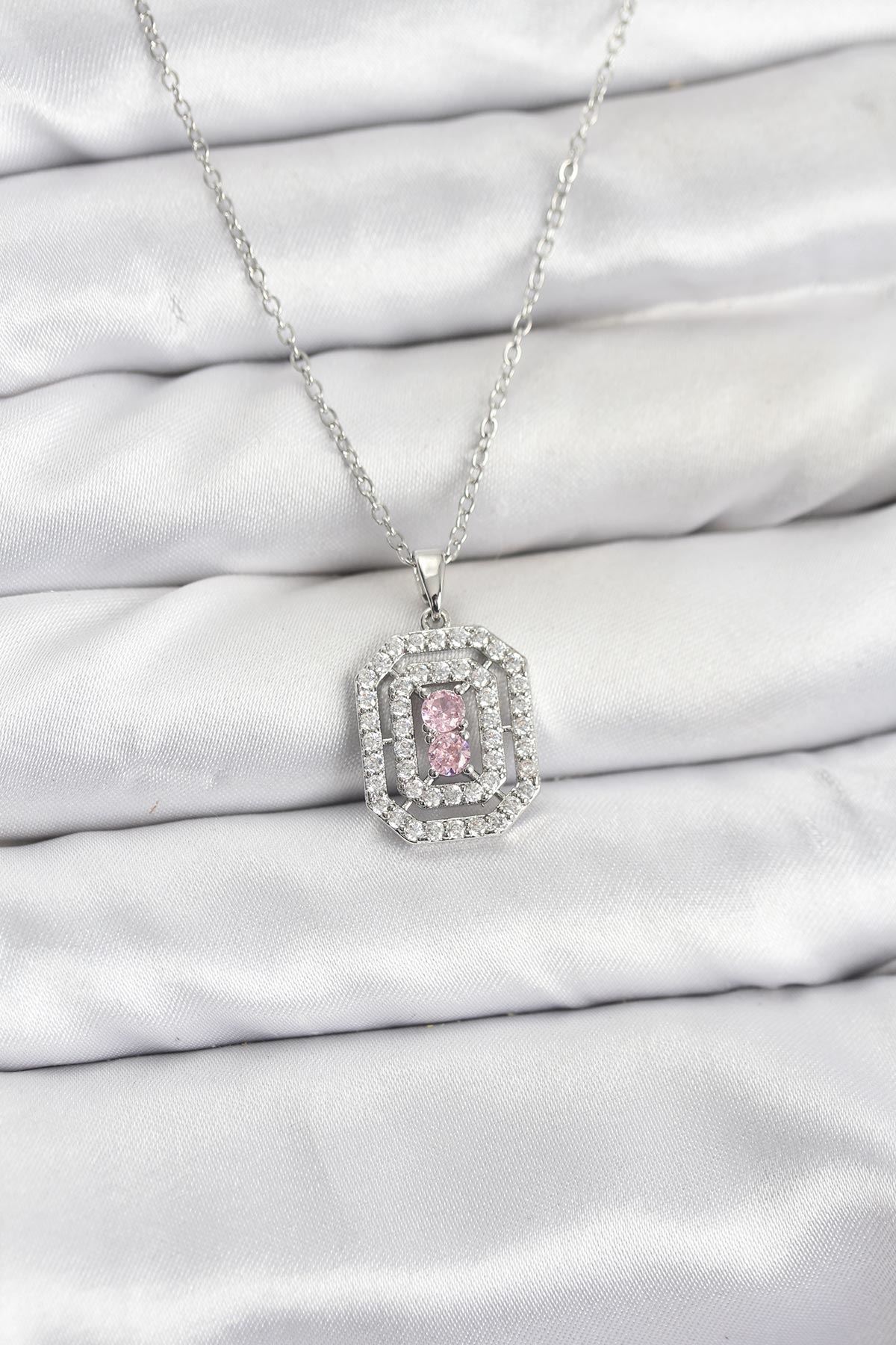 YRTCL 316L Çelik Zincir Gümüş Renk Plaka Model Zirkon Taşlı Kadın Kolye