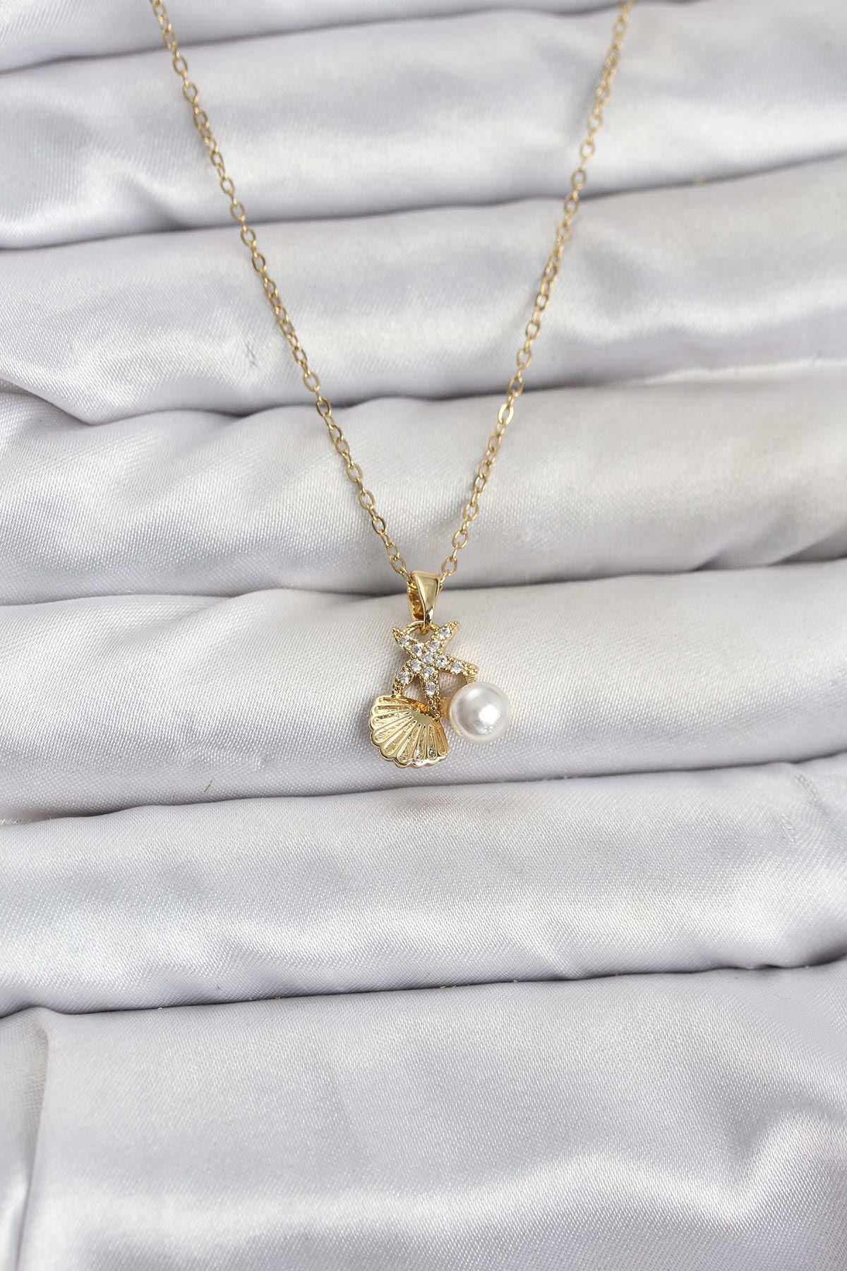 YRTCL 316L Çelik Zincir Gold Renk Deniz Kabuğu ve Deniz Yıldızı Model Zirkon Taşlı Kadın Kolye