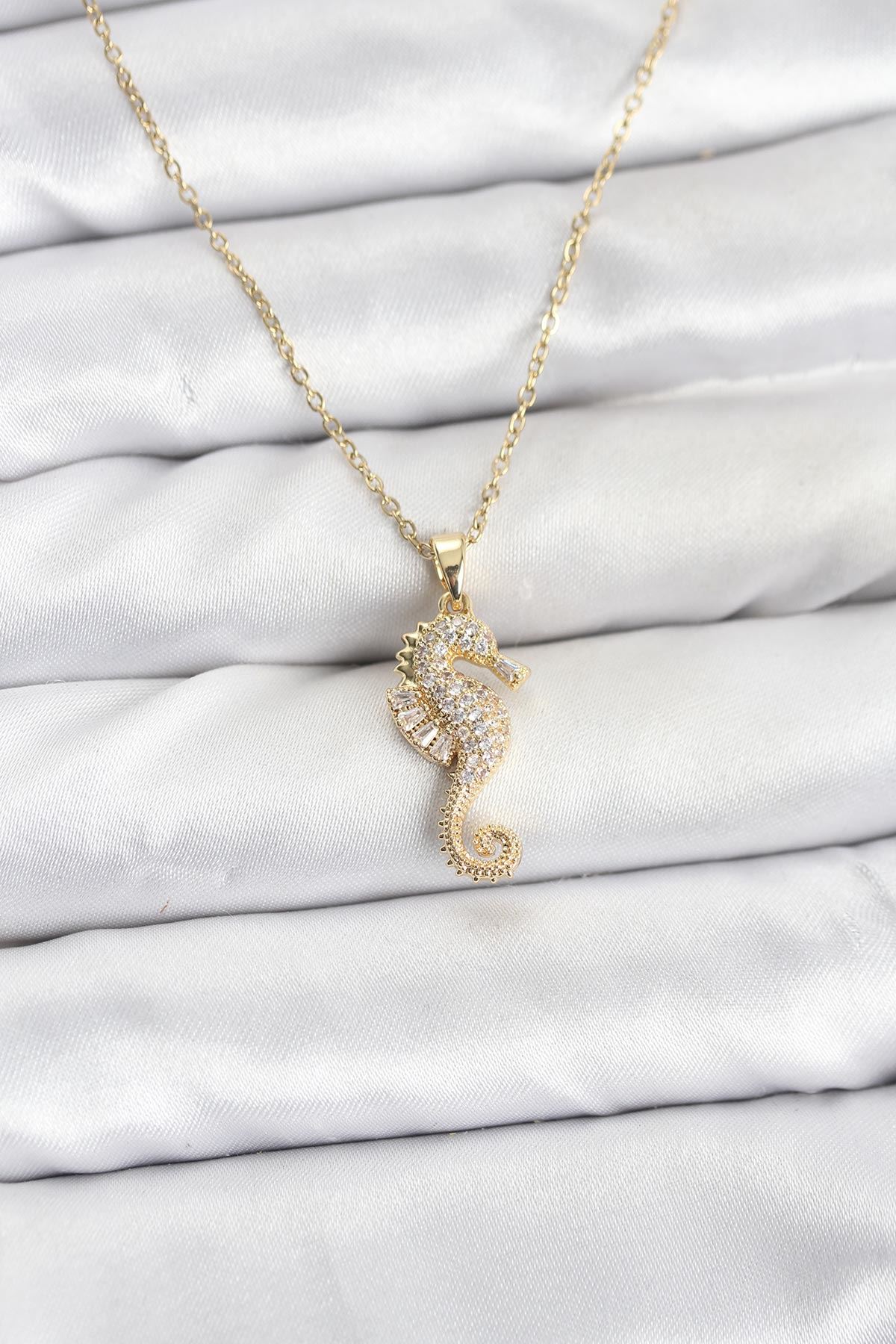 YRTCL 316L Çelik Zincir Gold Renk Deniz Atı Model Zirkon Taşlı Kadın Kolye
