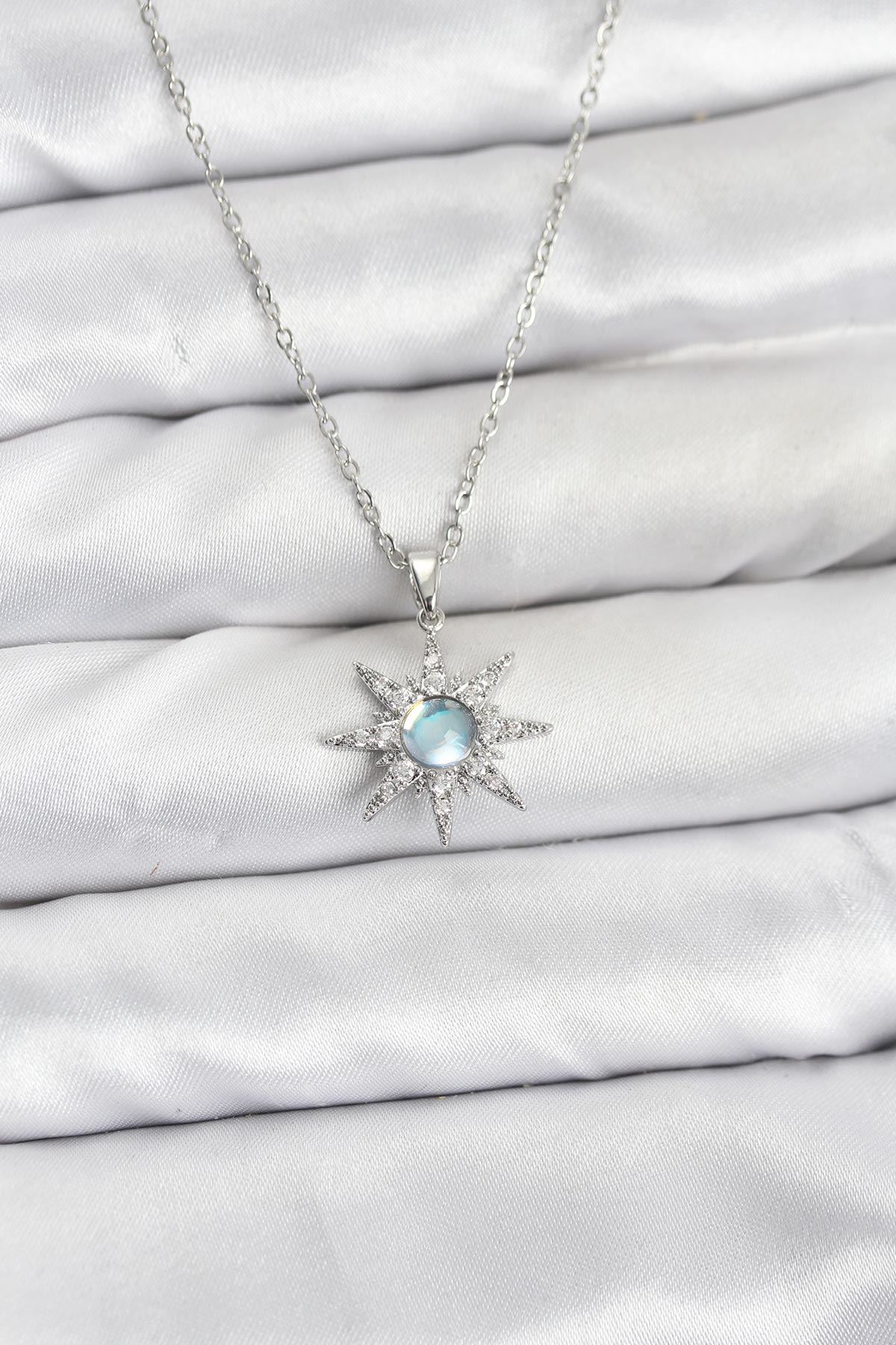 YRTCL 316L Çelik Zincir Gümüş Renk Kutup Yıldızı Model Zirkon Taşlı Kadın Kolye