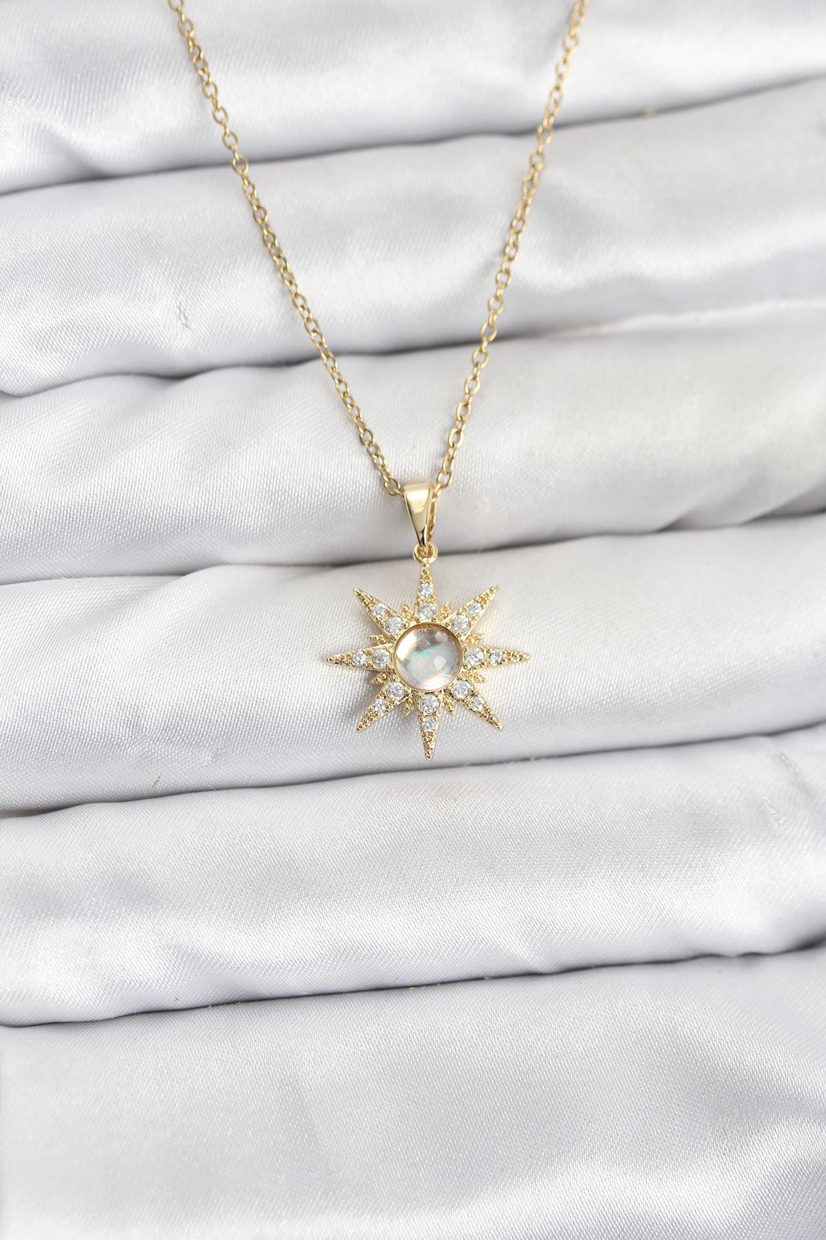 YRTCL 316L Çelik Zincir Gold Renk Kutup Yıldızı Model Zirkon Taşlı Kadın Kolye