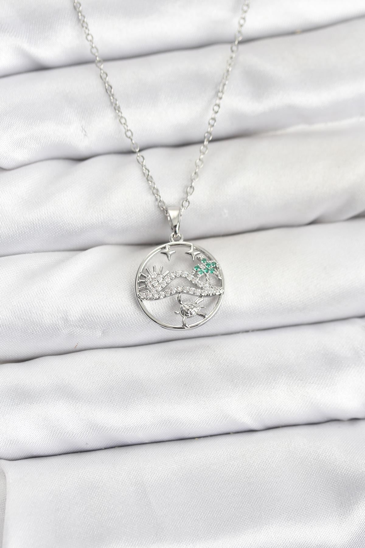 YRTCL 316L Çelik Zincir Gümüş Renk Şans Kolyesi Model Zirkon Taşlı Kadın Kolye