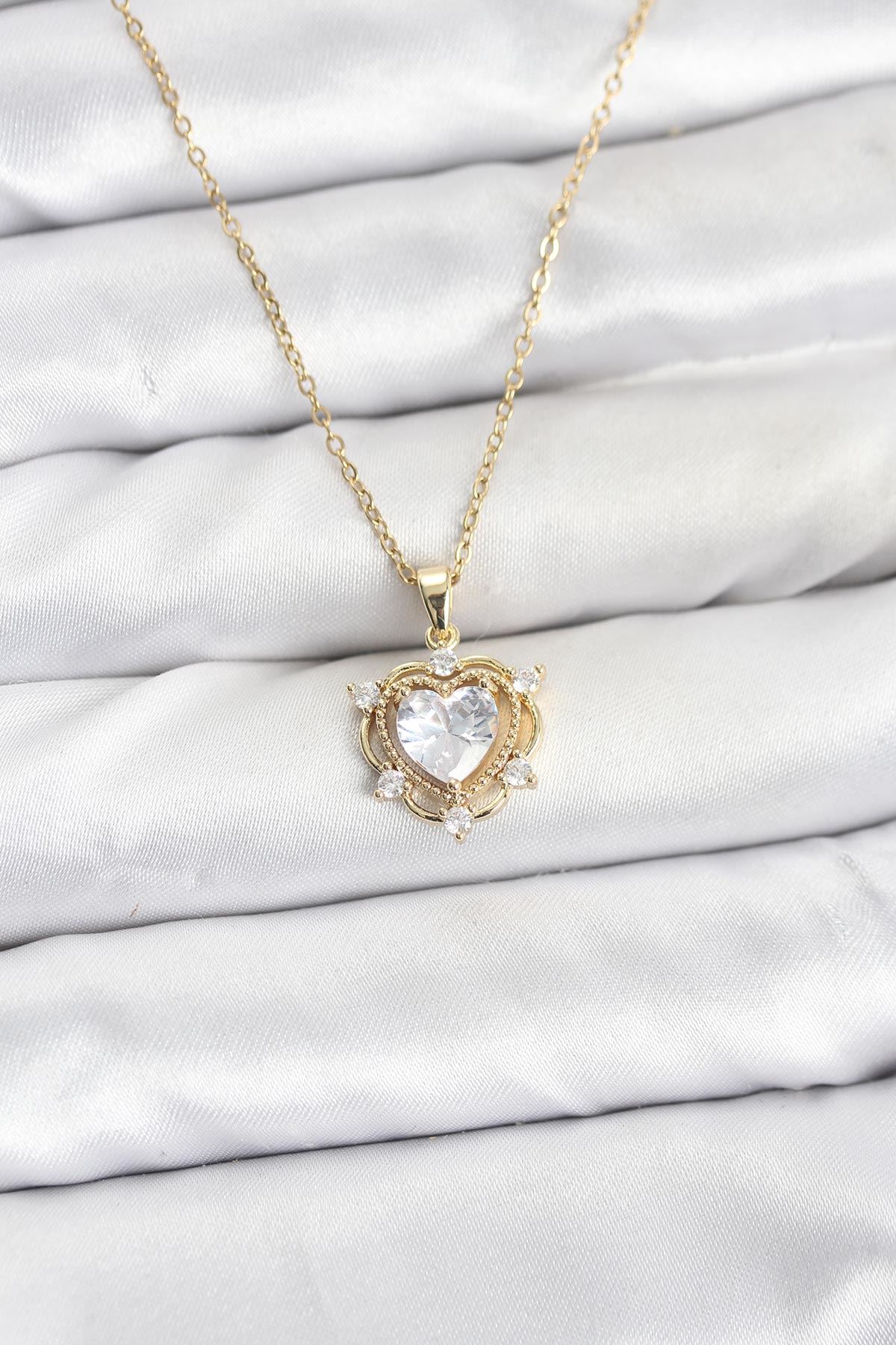 YRTCL 316L Çelik Zincir Gold Renk Kalp Model Zirkon Taşlı Kadın Kolye