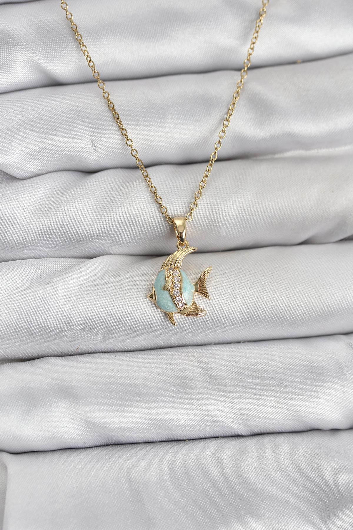 YRTCL 316L Çelik Zincir Gold Renk Balık Model Zirkon Taşlı Kadın Kolye