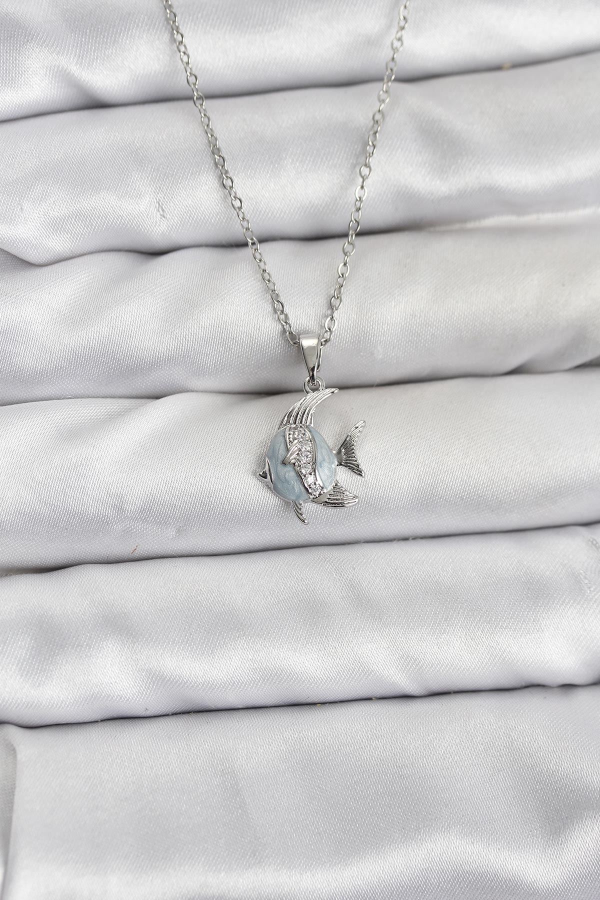 YRTCL 316L Çelik Zincir Gümüş Renk Balık Model Zirkon Taşlı Kadın Kolye