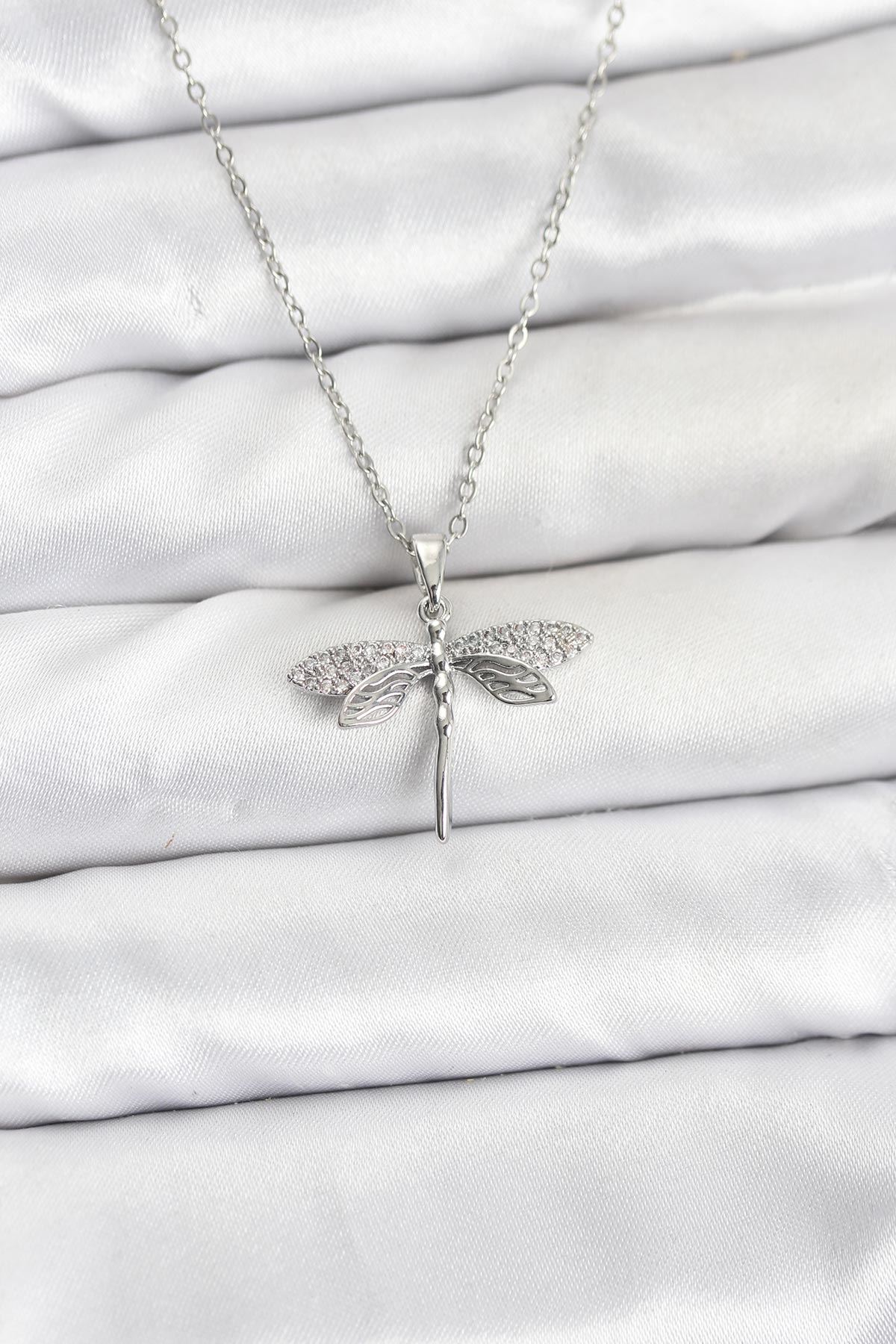 YRTCL 316L Çelik Zincir Gümüş Renk Yusufçuk Model Zirkon Taşlı Kadın Kolye