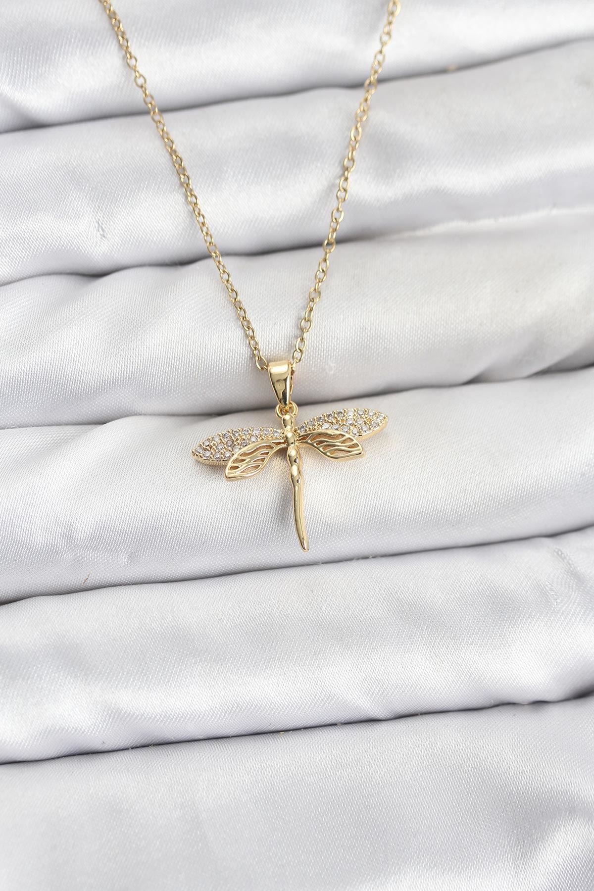 YRTCL 316L Çelik Zincir Gold Renk Yusufçuk Model Zirkon Taşlı Kadın Kolye