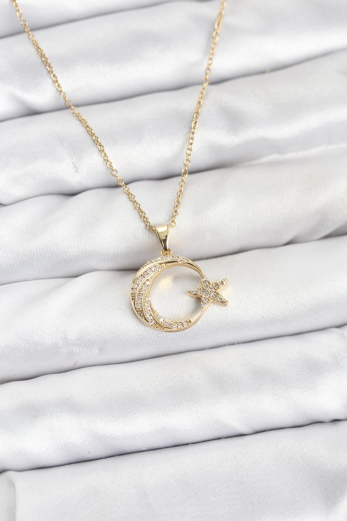 YRTCL 316L Çelik Zincir Gold Renk Ay Yıldız Model Zirkon Taşlı Kadın Kolye