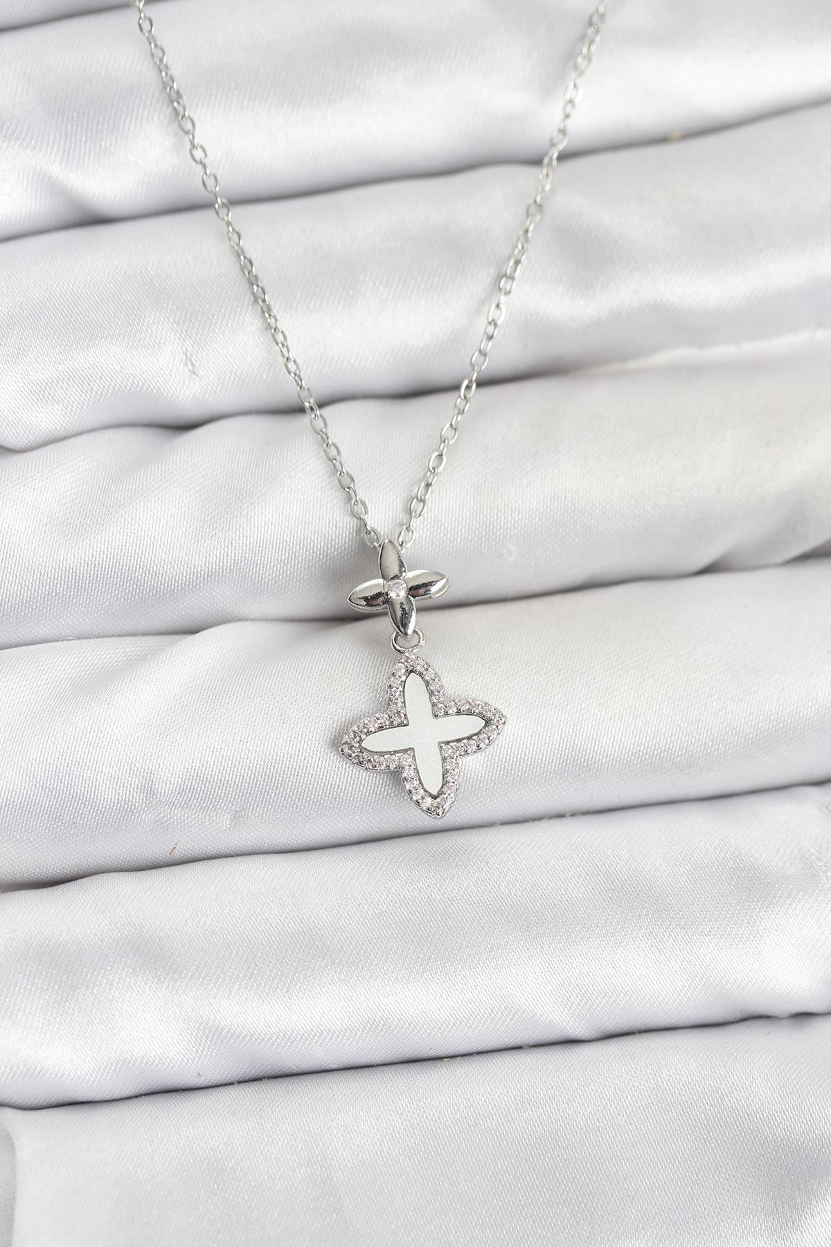 YRTCL 316L Çelik Zincir Gümüş Renk 4 Yapraklı Yonca Model Zirkon Taşlı Kadın Kolye