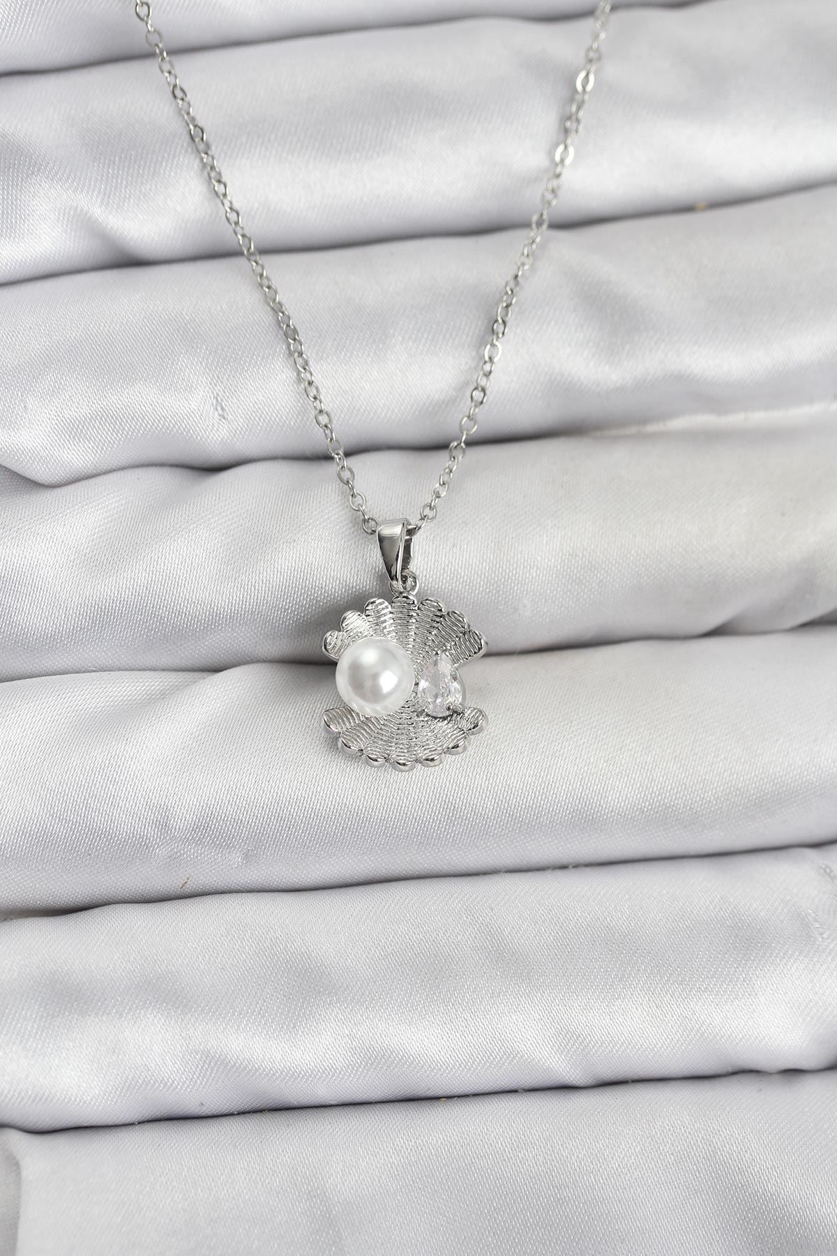 YRTCL 316L Çelik Zincir Gümüş Renk İstiridye İnci Model Zirkon Taşlı Kadın Kolye